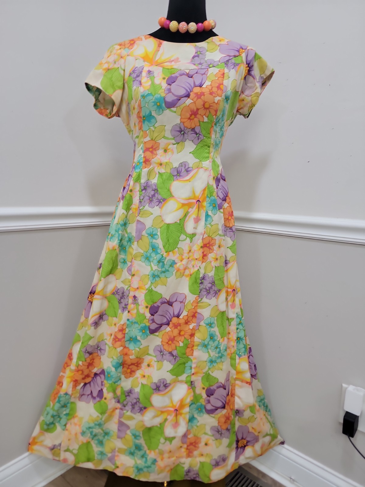 Vintage Made In Hawaii Psychedelic Floral Maxi Dress Tropical Boho Hippie