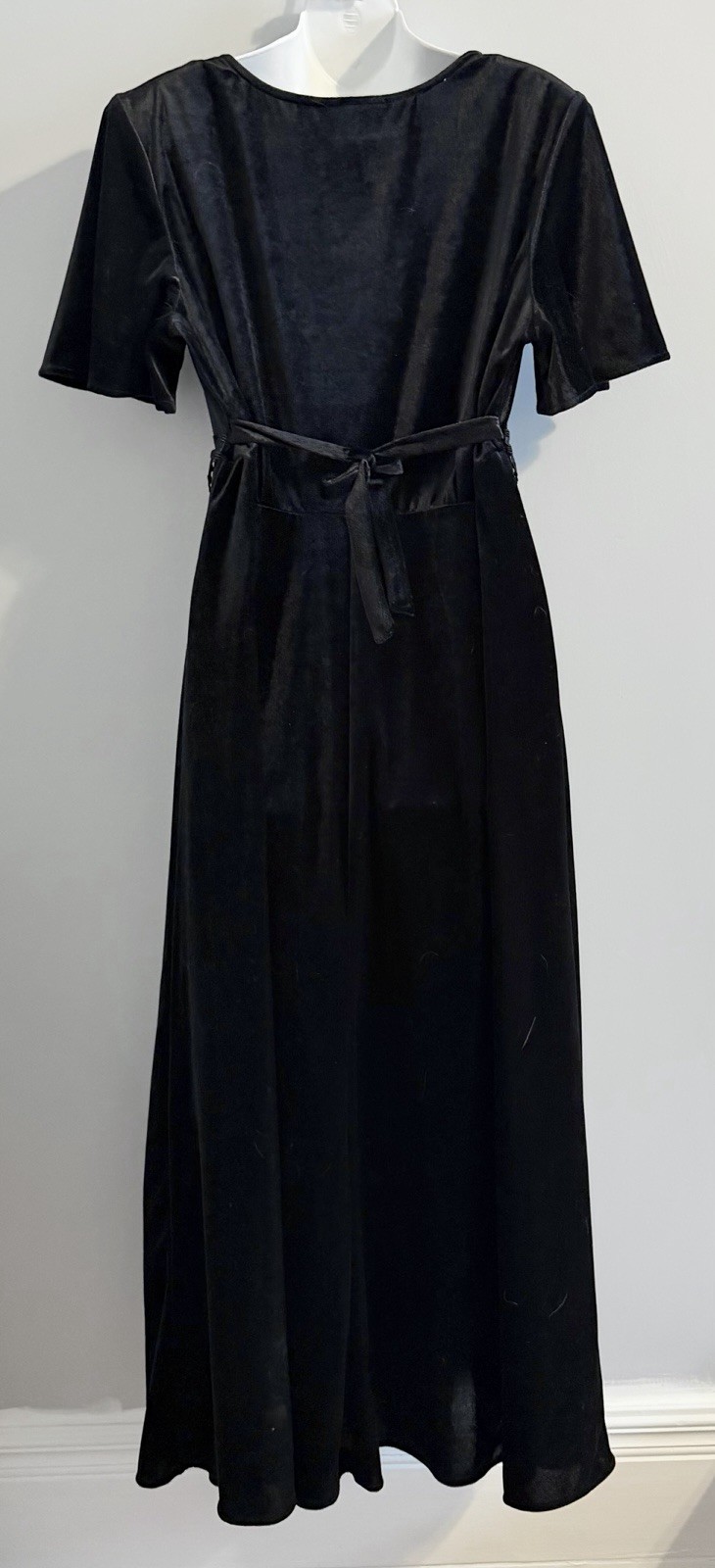 Vtg MOLLY MALLOY Velvet Dress 14 Whimsygoth Black Lace Maxi Grunge Short Sleeve