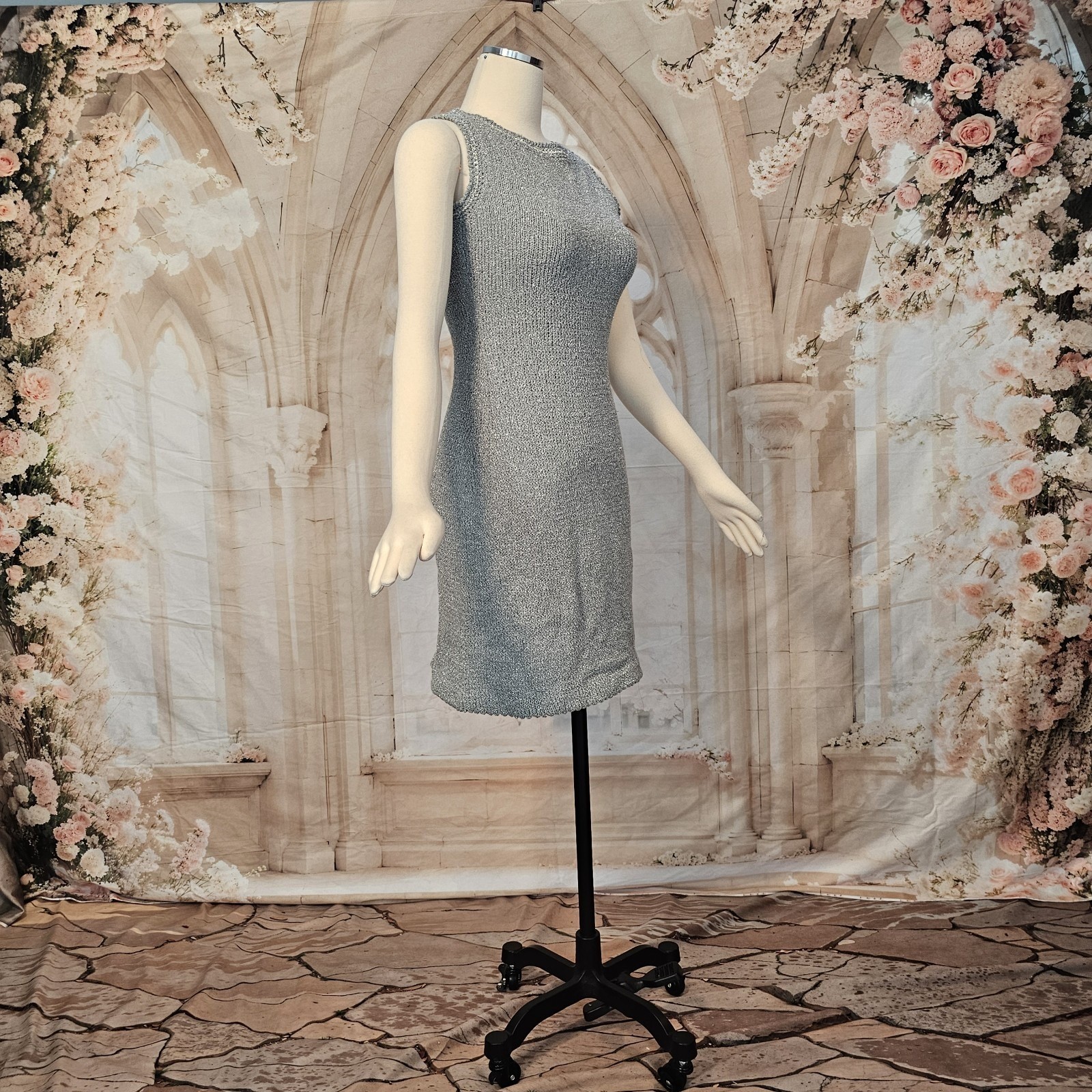 Vintage 1960’s Dress Minidress Silver Gray Metallic Knit Sleeveless Retro Disco