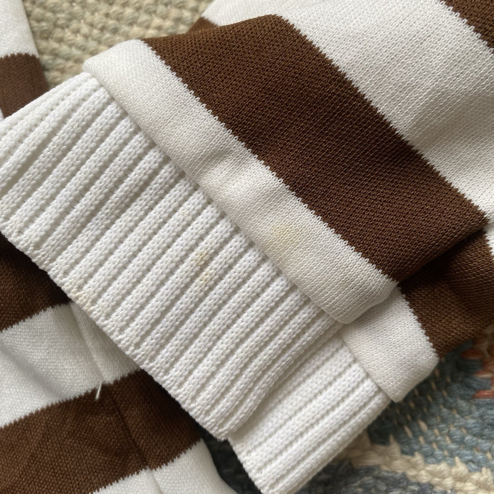 70s Stripe Polyester Knit Top JCPenney Vintage Brown White Medium