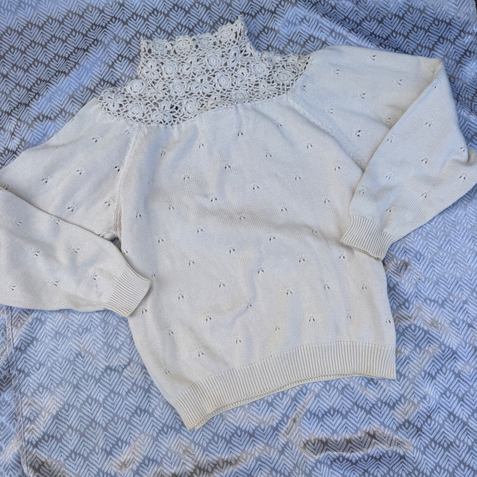 In-Wear Vintage 1980s Sweater Cream Crochet Lace High Neck Pointelle Cotton