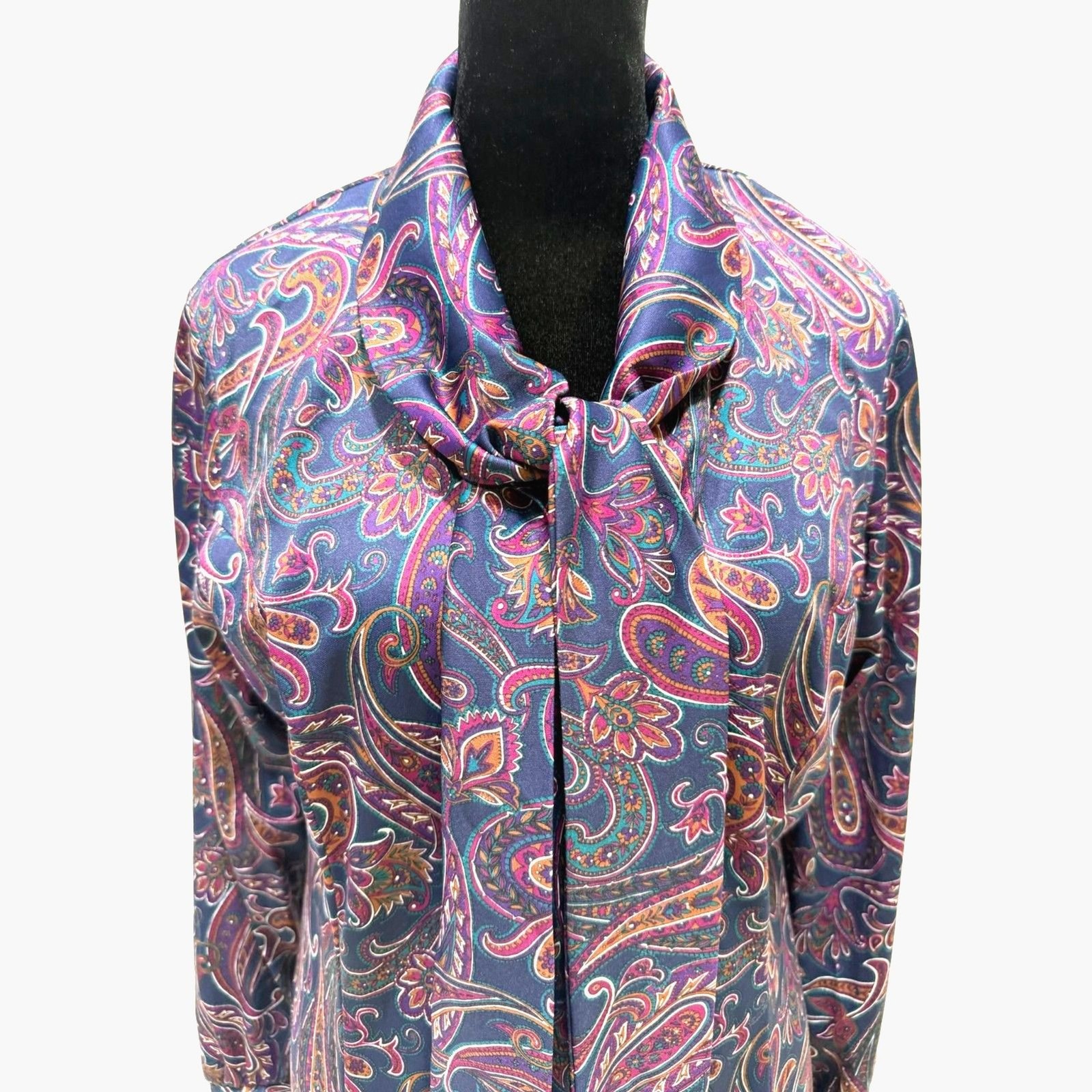 Tribute vintage 70s paisley pussycat bow zip front midi dress