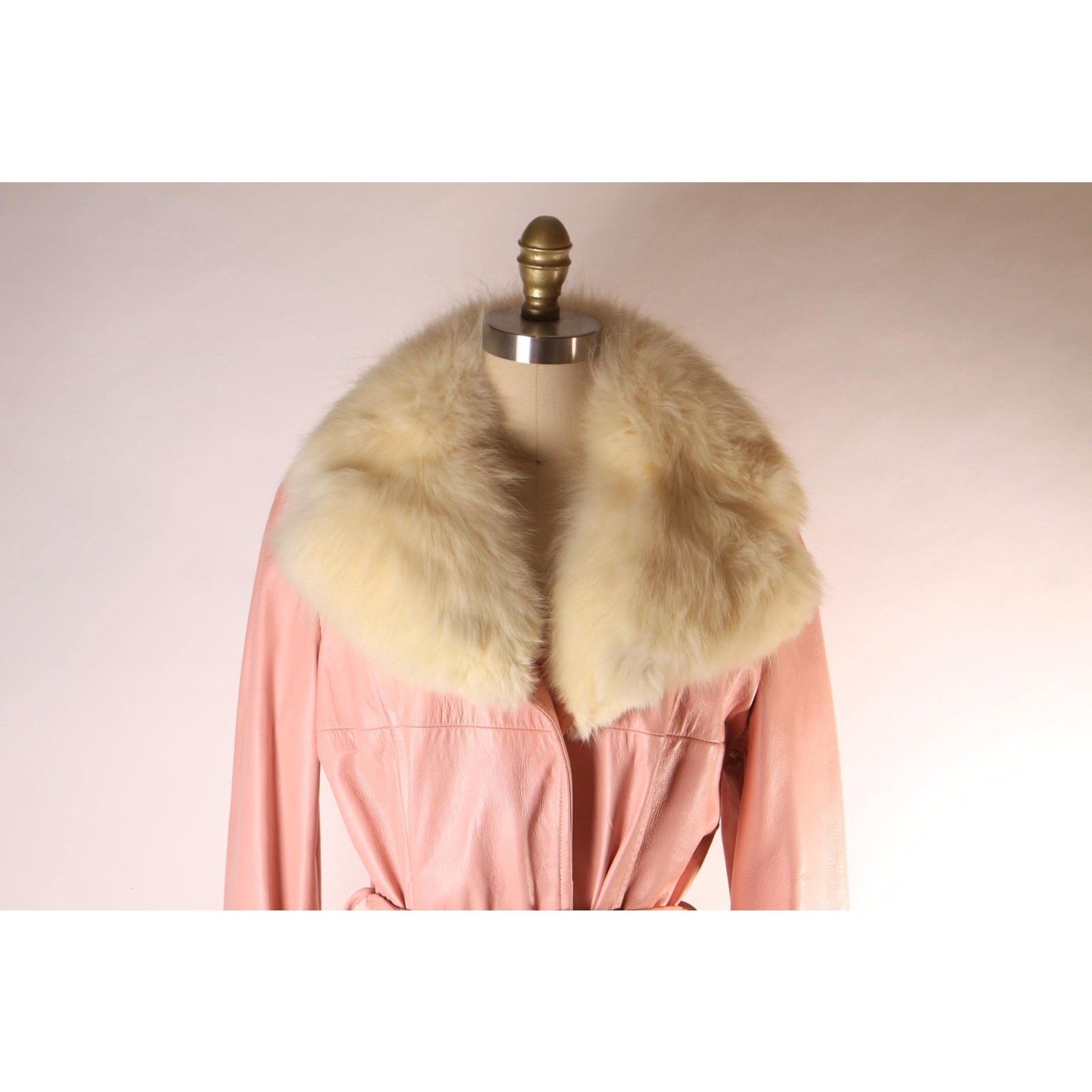 1970s Pink Leather Cream Fox Fur Trench Coat by New England Sportswear Company