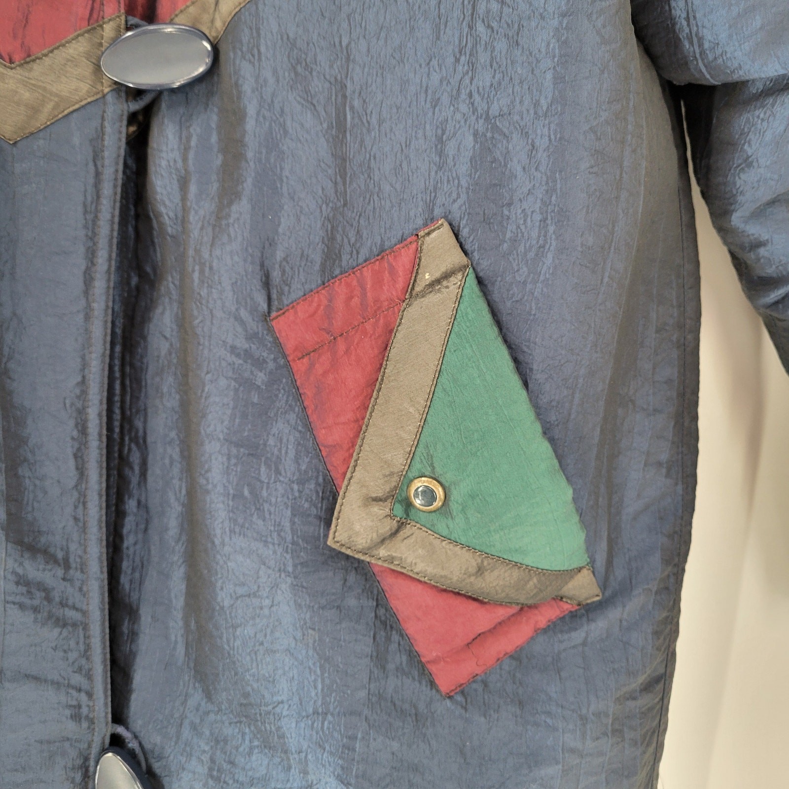 Vintage Down Fill Long Puffer Coat S Blue Red Geometric Colorblock High Collar