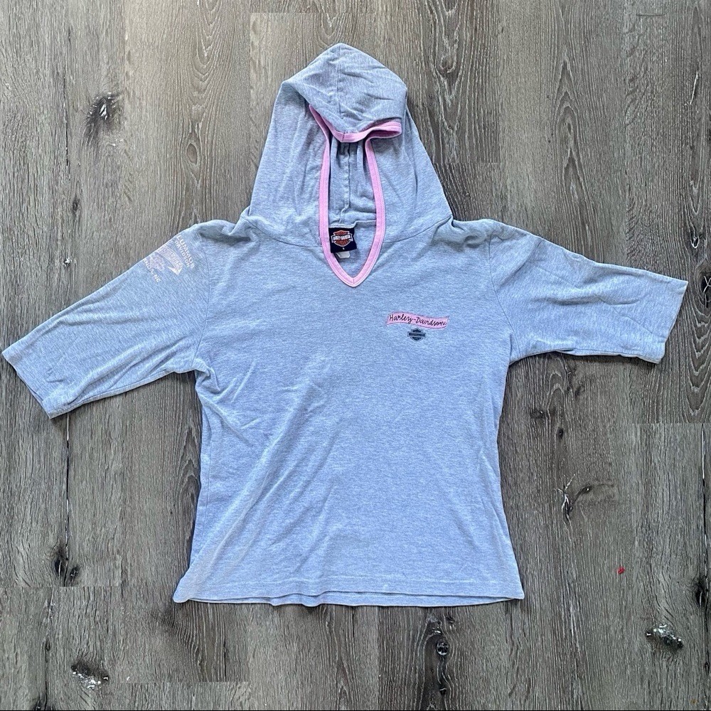 Vintage 00s Harley Davidson Holoubek hooded half sleeve tshirt gray w pink trim