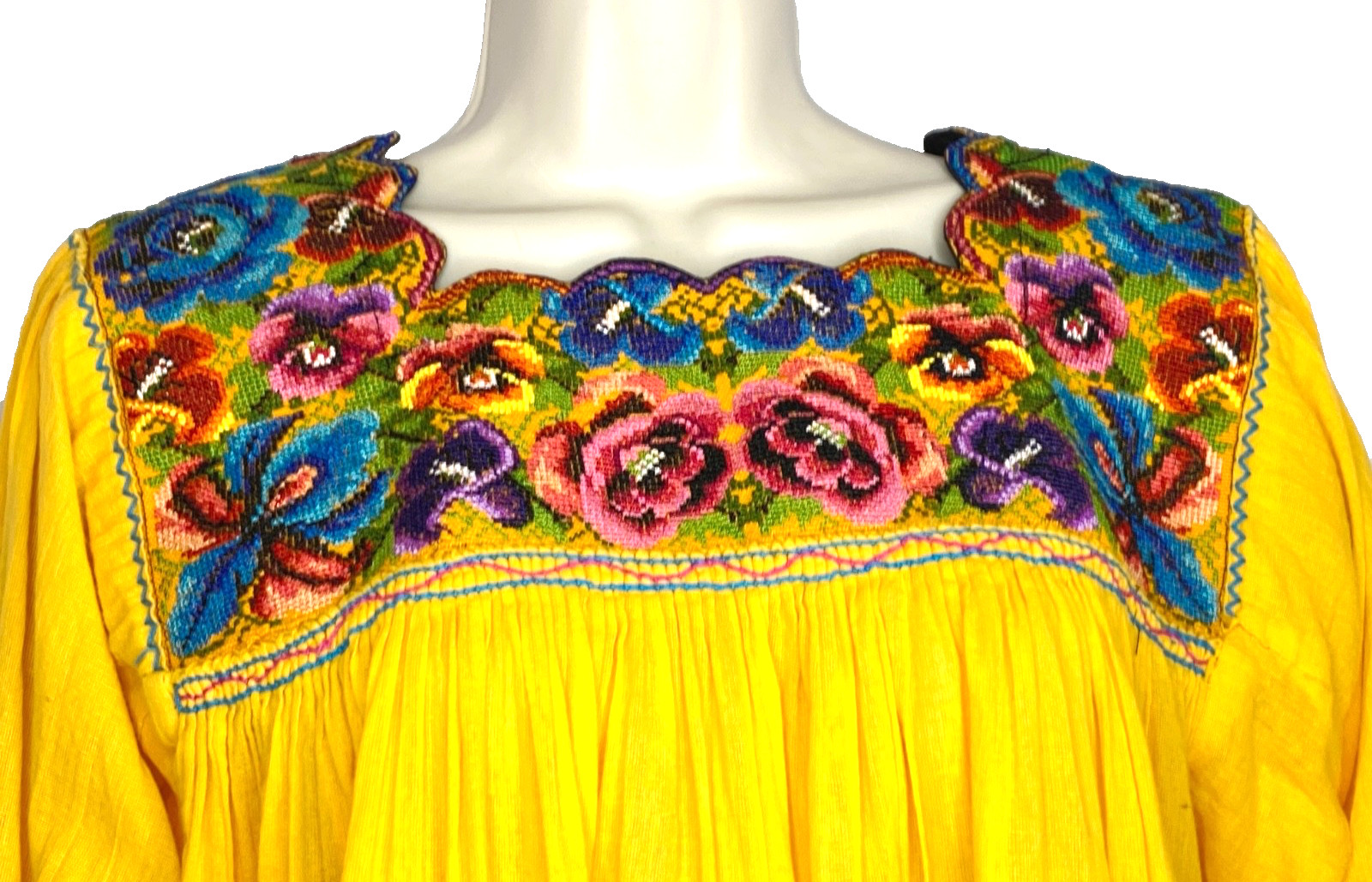 Vintage yellow floral embroidered tunic top long sleeves pink blue cotton boho