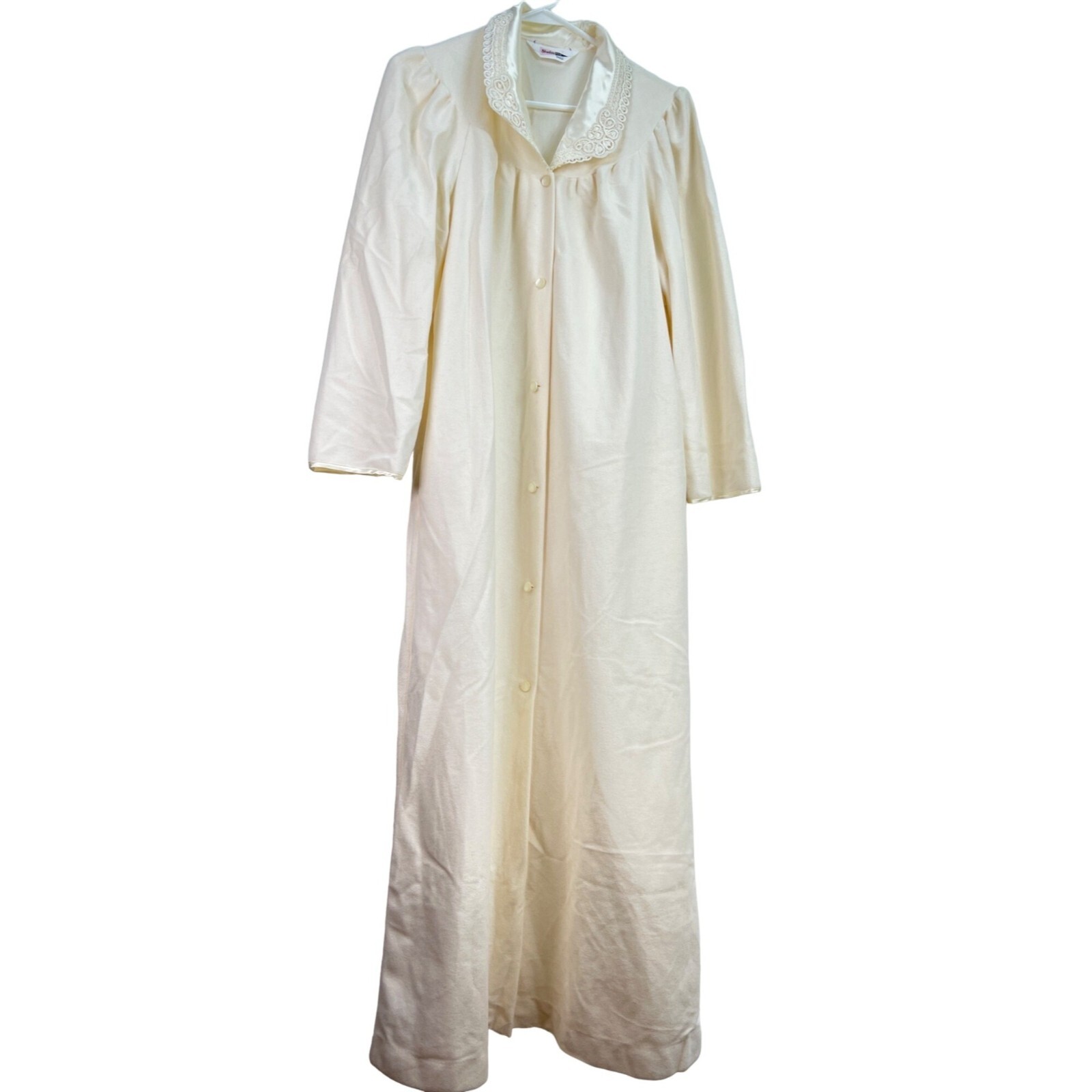 VTG Shadowline Cream Button-Down Robe Housecoat Lace Collar & Pockets Small