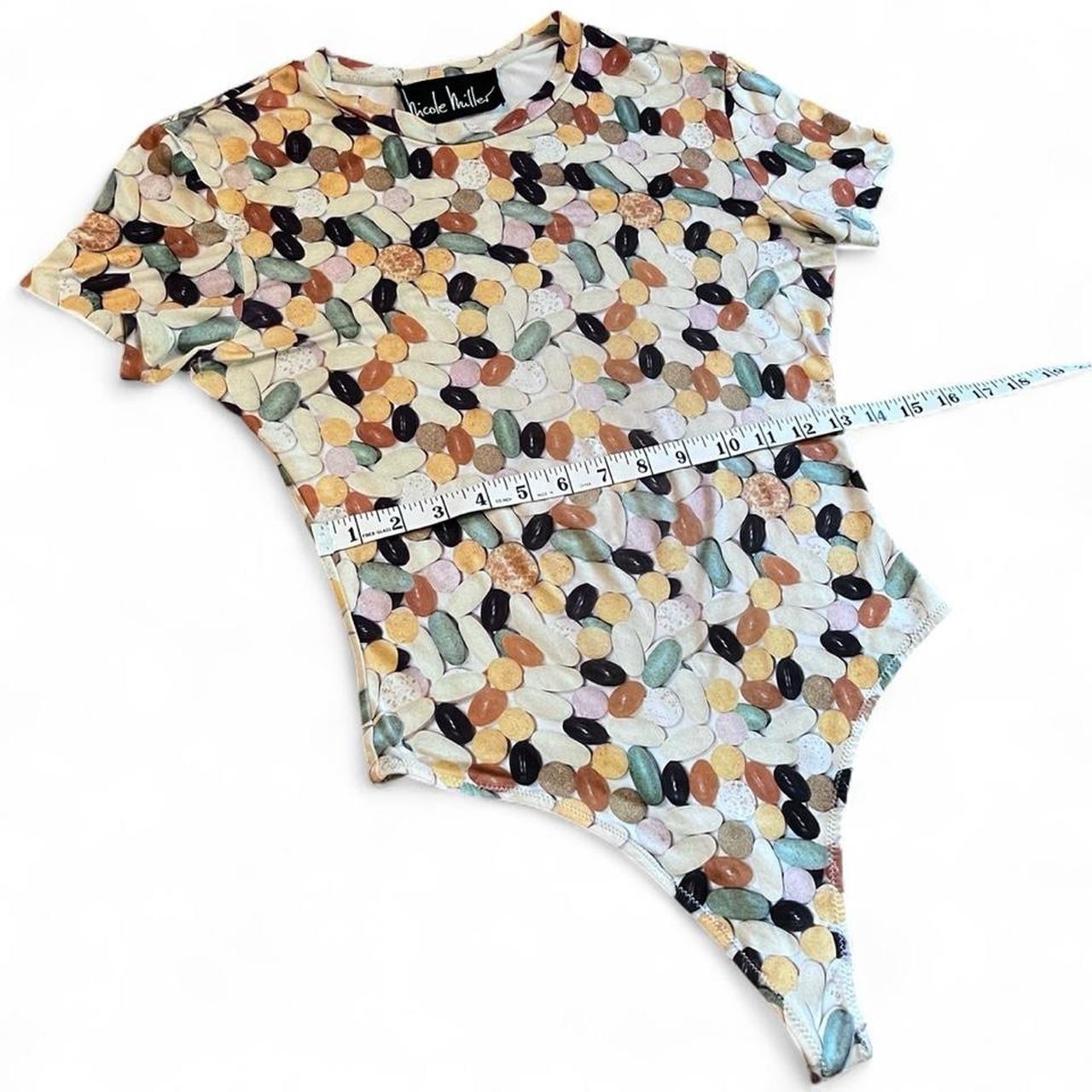 NICOLE MILLER • 1990s RARE VINTAGE GRUNGE STRETCHY VITAMIN PHOTO PRINT BODYSUIT
