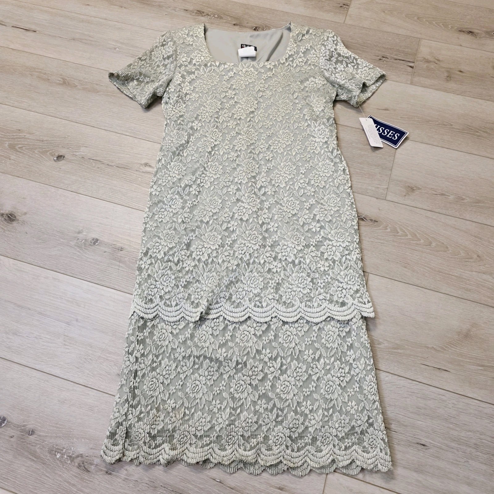 Vtg Helene Blake Pale Green Floral Lace Layered Tiered Stretch Dress Sz 12