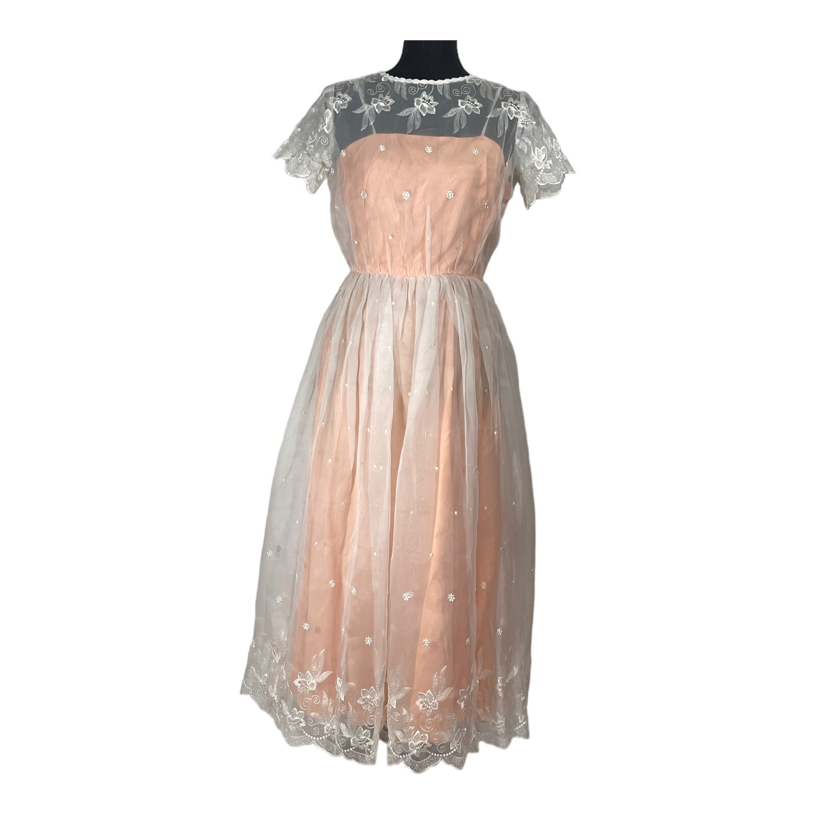 VTG 70s Party Tea Dress Women 5/6 Bridesmaid Chiffon Peach White Easter Prom