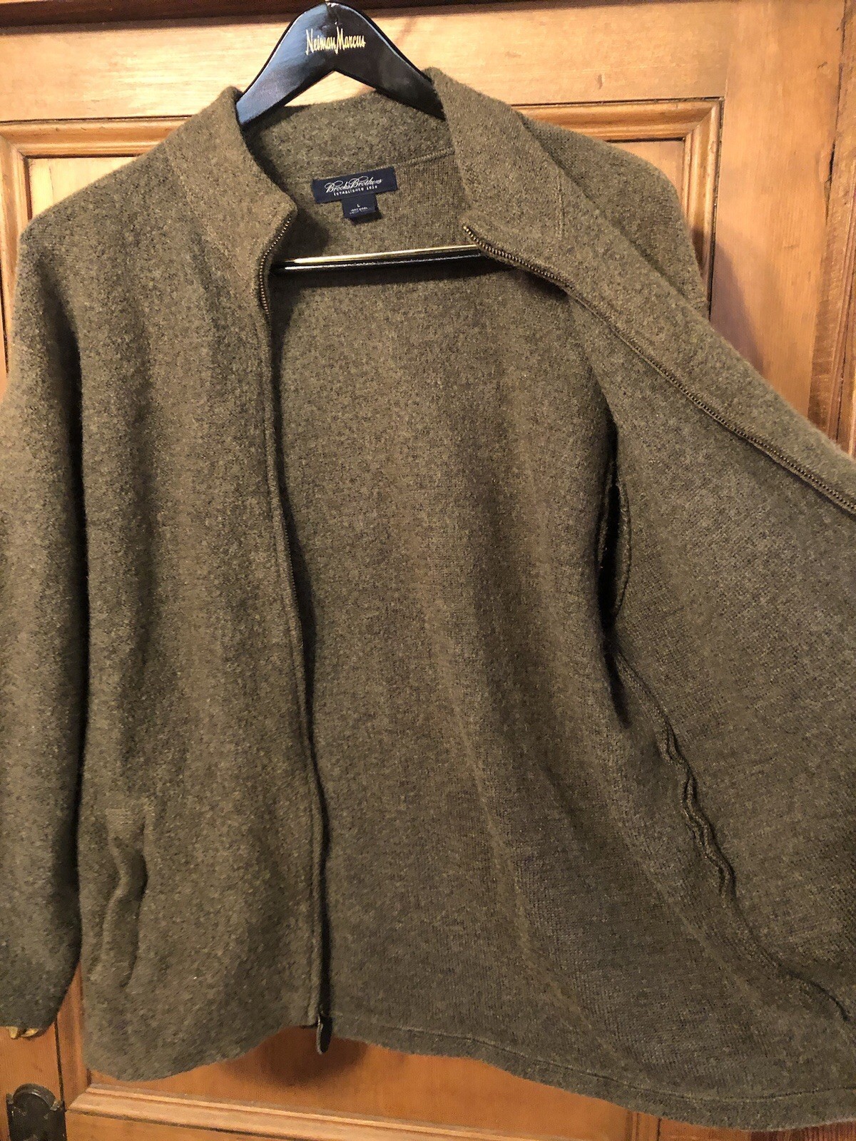 Vtg BROOKS BROTHERS 100% Wool Full Zip Sweater Gray/Green Sz L Made In Hong Kong