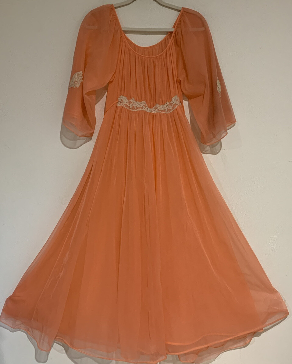 VTG S M Nightgown Orange Double Chiffon Nylon Lace Trim Tie Back Ro-Vel Calif