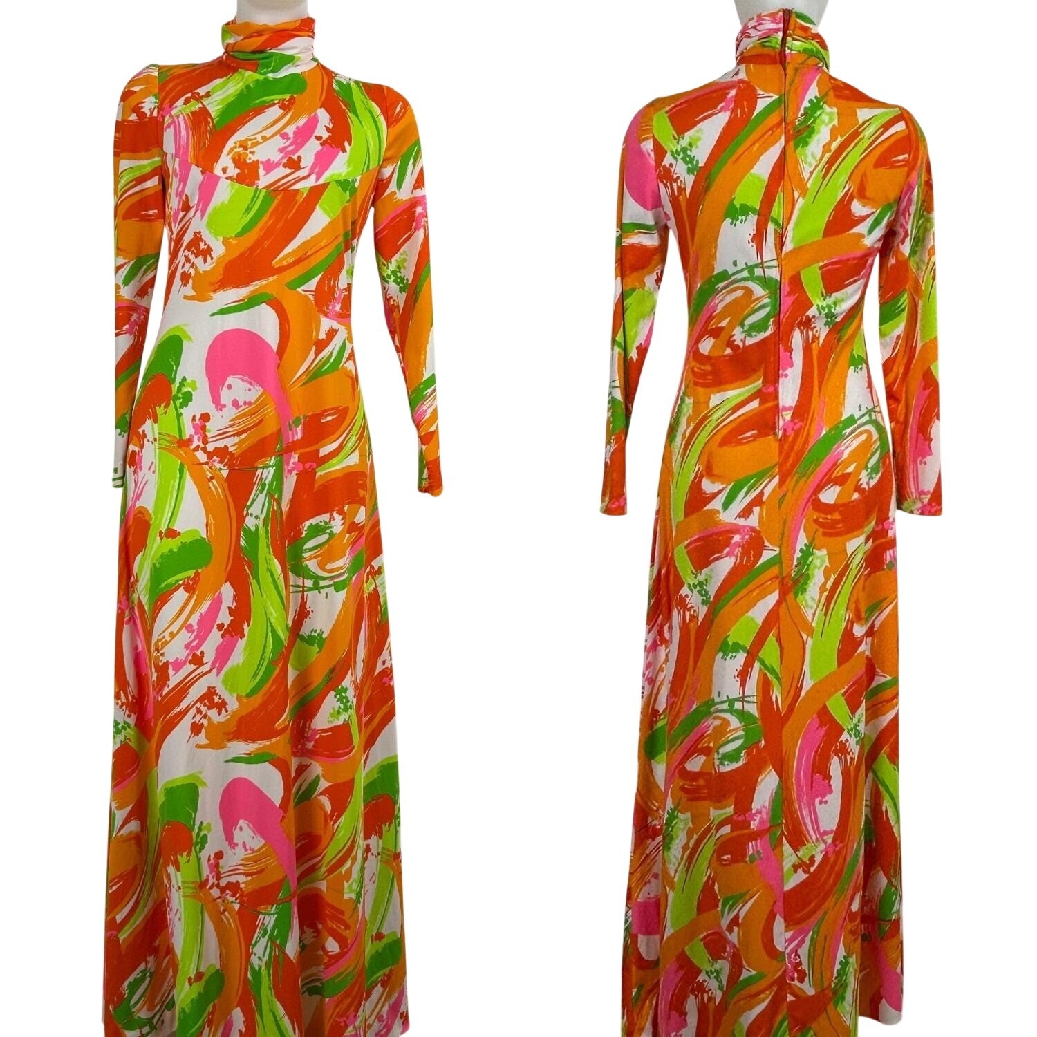 Vintage 70s Psychedelic Maxi Dress Multicolor Abstract Mock Neck Retro Mod