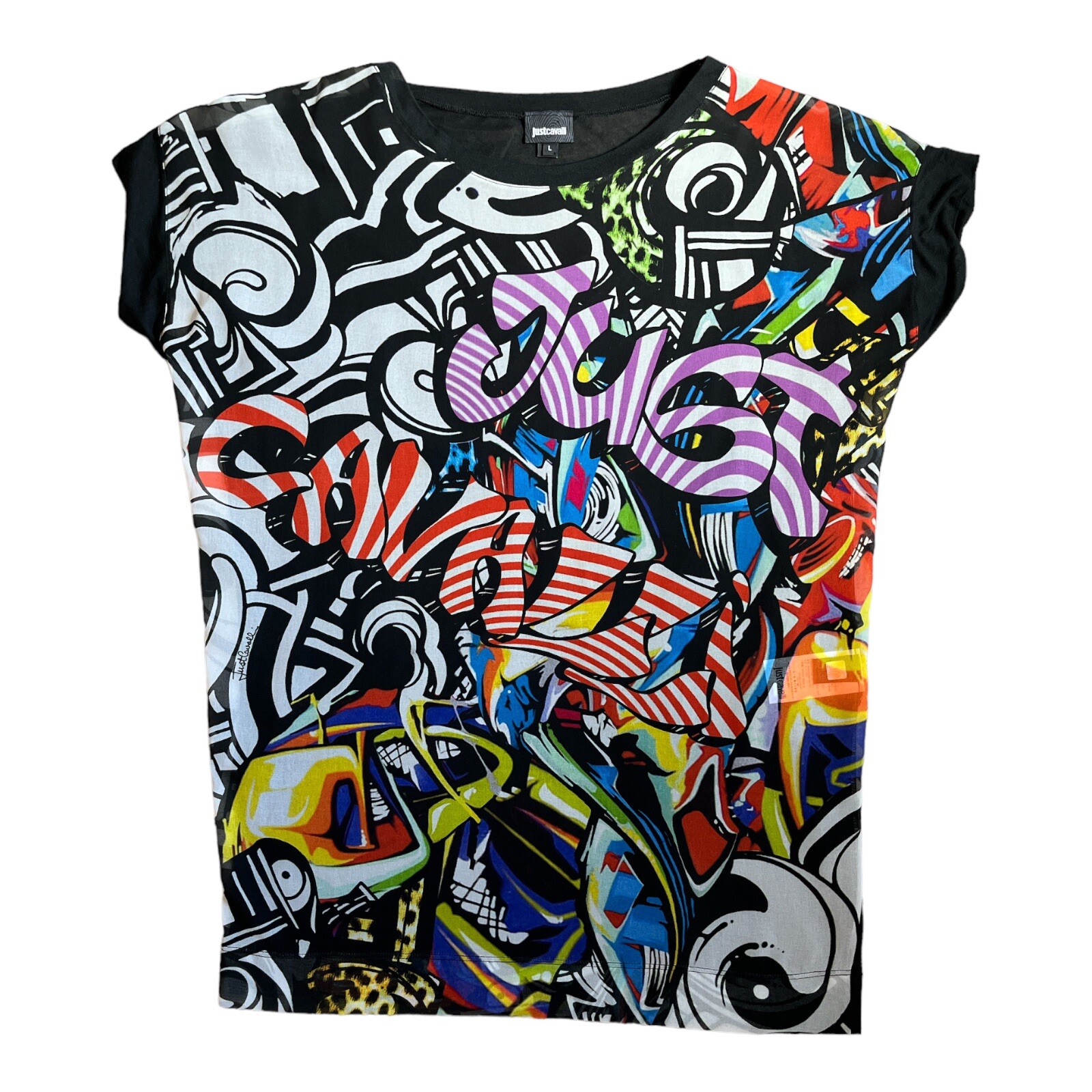 Vintage ROBERTO CAVALLI Just Iconic GRAFFITI Tunic Top Street Punk Rock Sz L