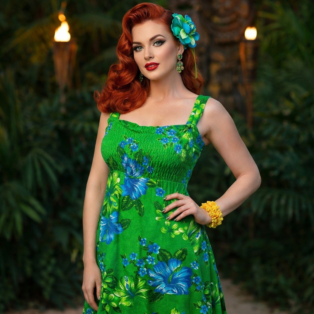 Vintage 90s Hawaiian Tropical Floral Sundress Smocked Green Hibiscus Tiki Pinup