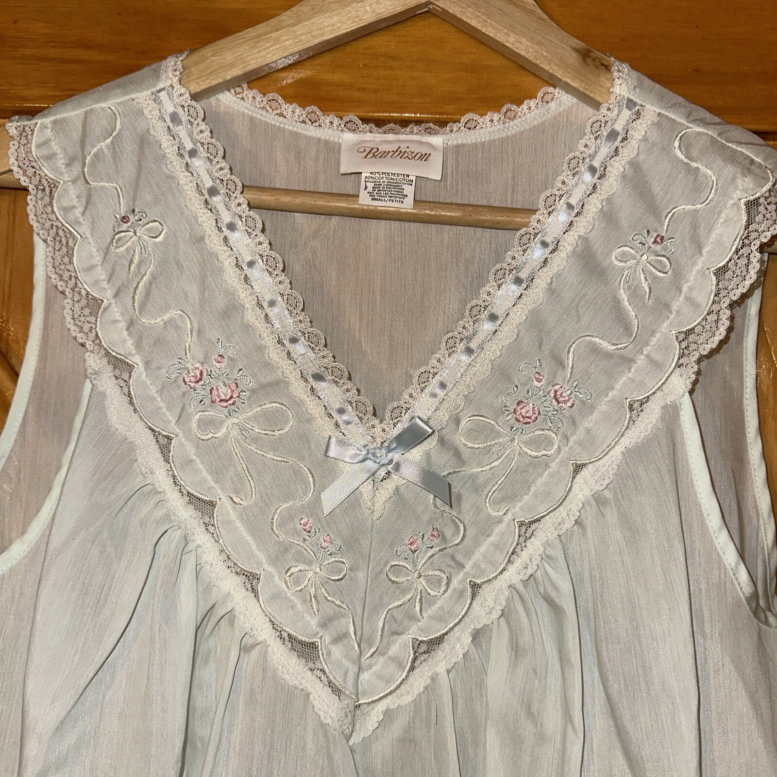 VTG 1960 Barbizon Green Lace Ribbon Rose Nylon Cotton Nightgown & Robe Set Small