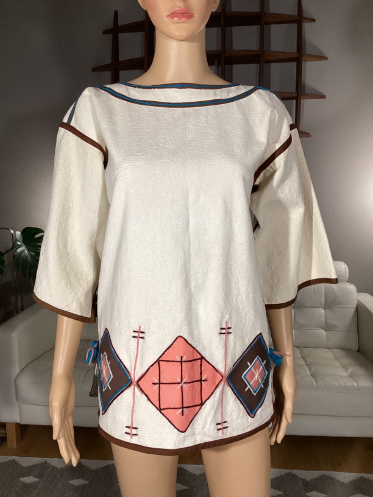 Vintage 70s Embroidered Applique Boho Hippie Cotton Ethnic Tunic Top