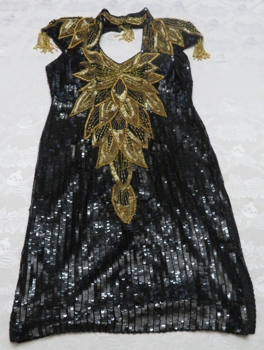 1990’s VTG Vanna White Original Beaded Sequin Dress Size M Gold & Black Beading