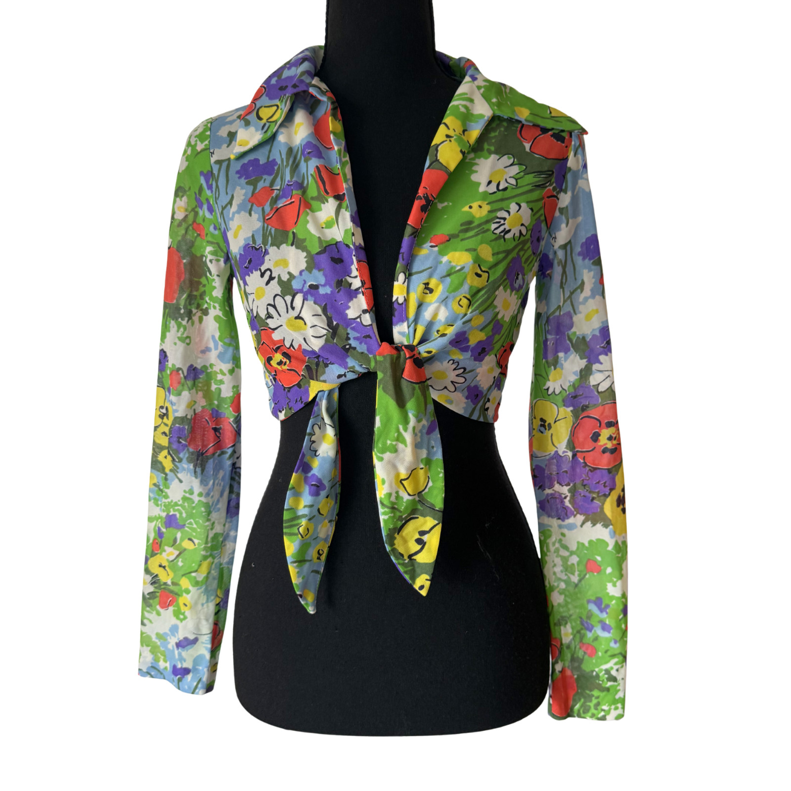 Vintage 70s Floral Crop Tie Blouse Summer Prairie Blooms Hippie Boho Cottage S/M