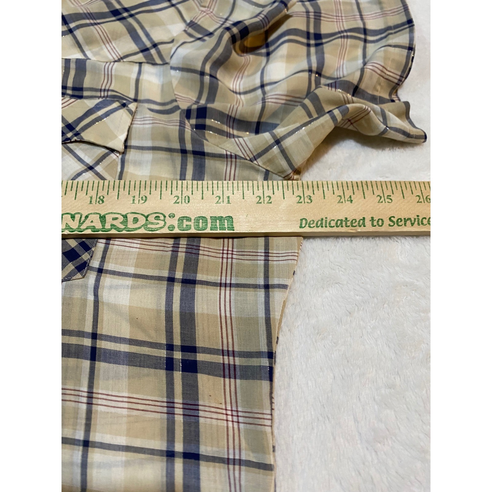 Vintage Levis Western Shirt Pearl Snap Plaid Gold Lurex Tan Navy Large Short Slv