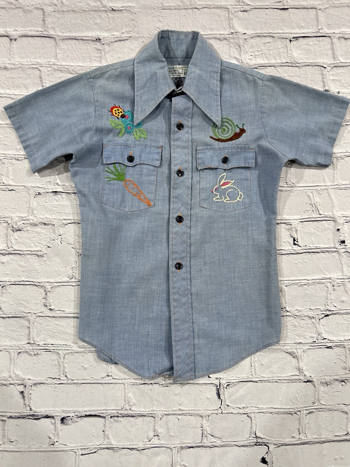 Vtg JCPenney Big Mac Chambray Palm Tree Beach Lady Bug Embroidered Work Shirt