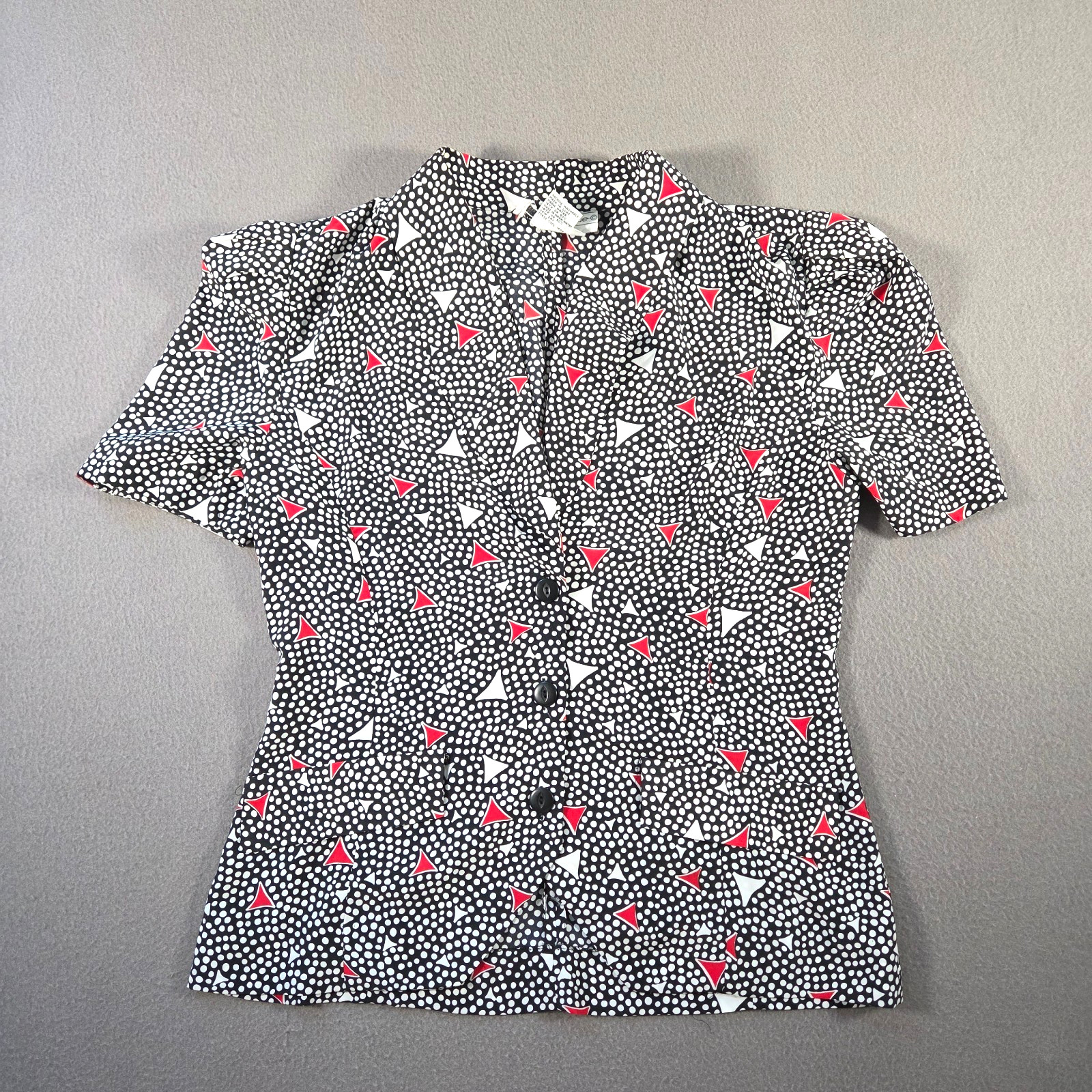 Vintage 80s Blouse Womens 12 Medium Black Polkadot Geometric Puff Sleeve Shirt