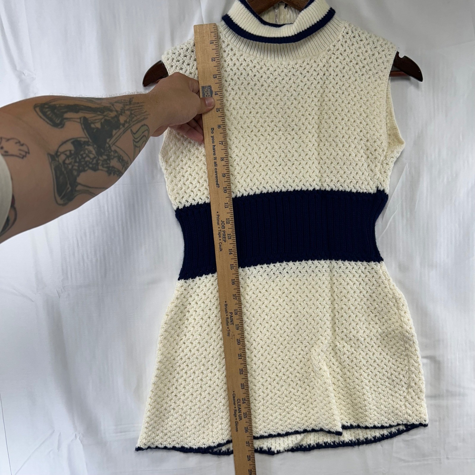 Tunic Women Small Cream Navy Blue Mod Ribbed Waist Mock Neck Zip Back Handmade