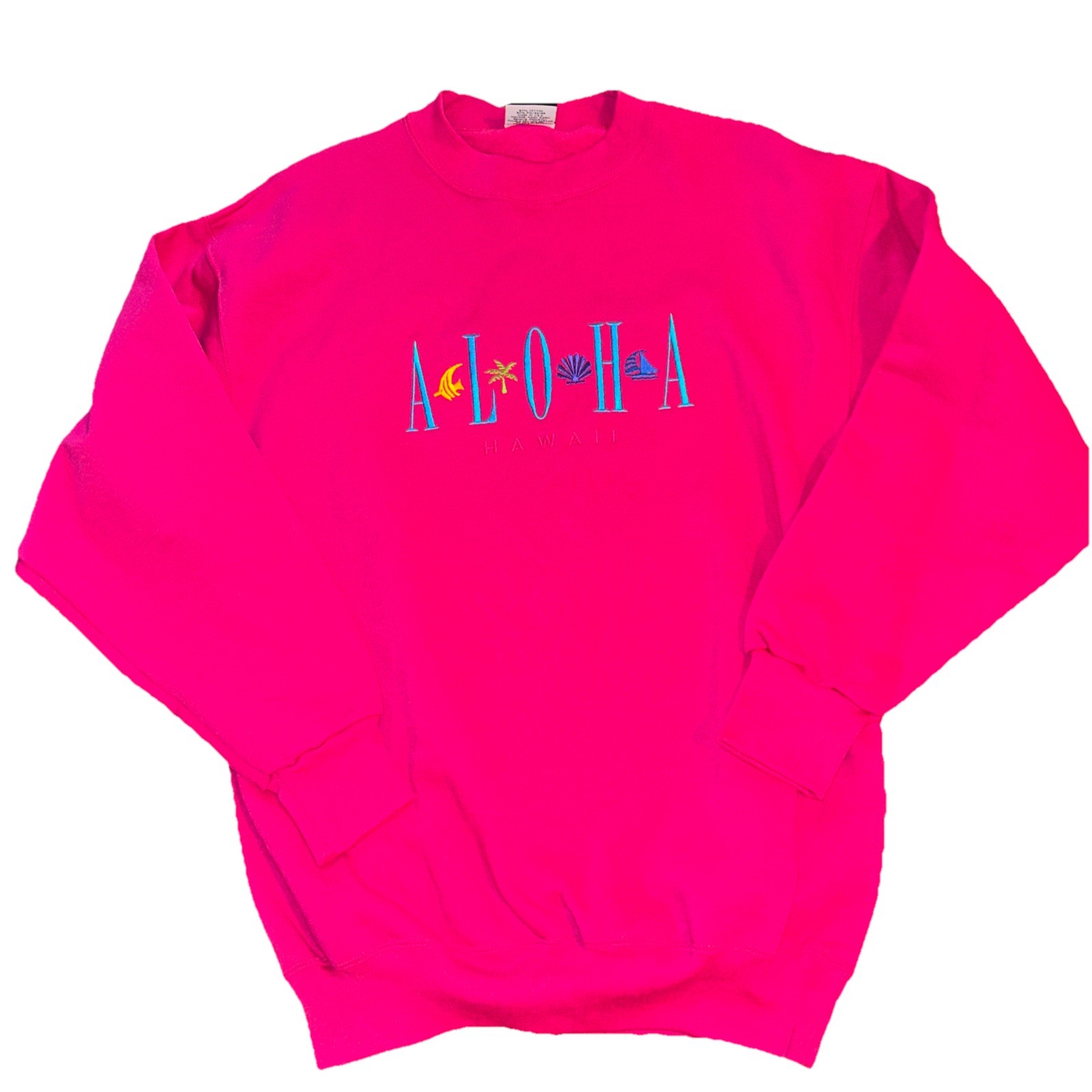Vtg 80s Aloha Hawaii Pink Crewneck Sweatshirt Embroidered L USA