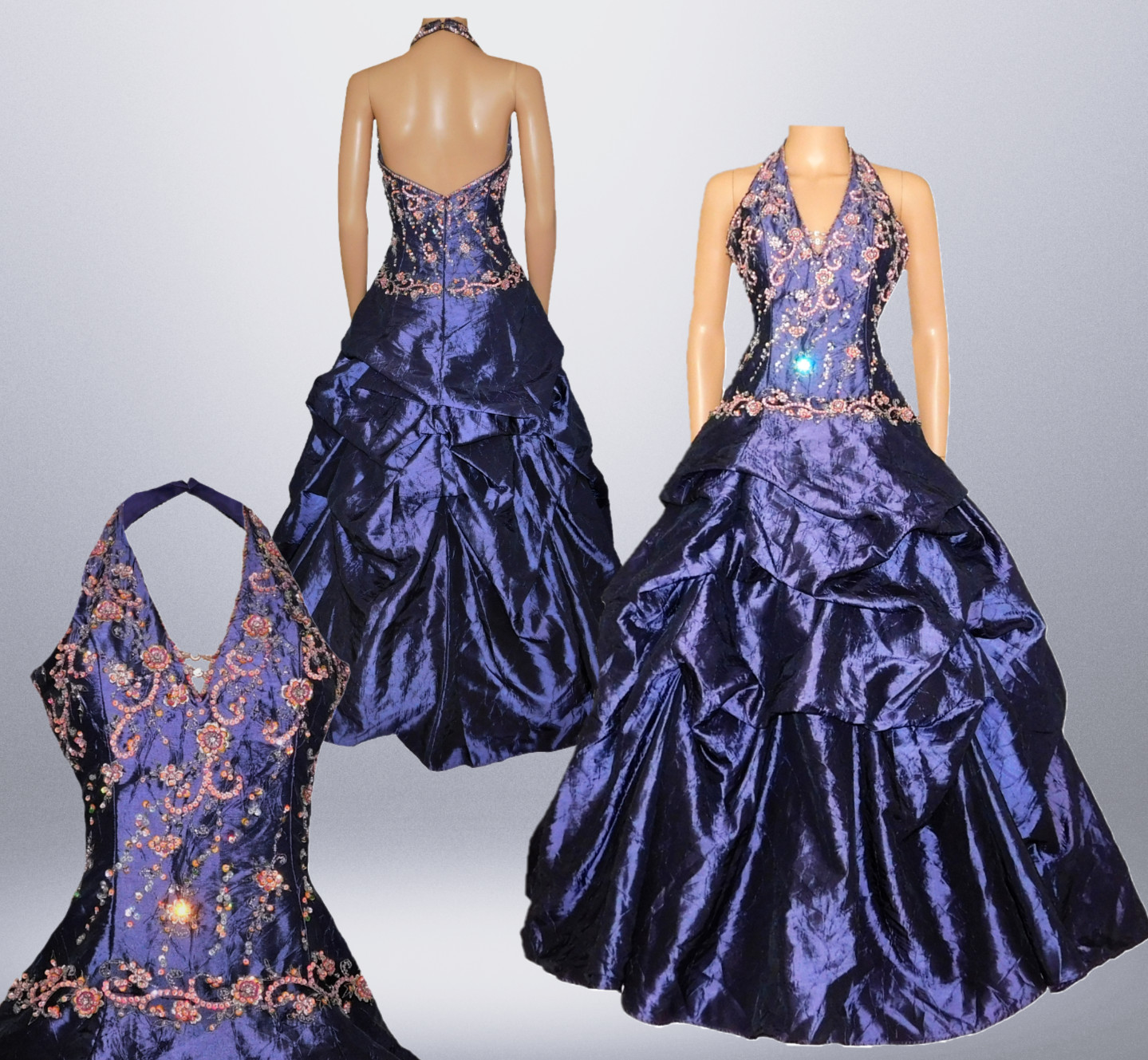 SATIN SILK Halter PROM Dress Formal Ball Gown Rhinestones Sequins Purple