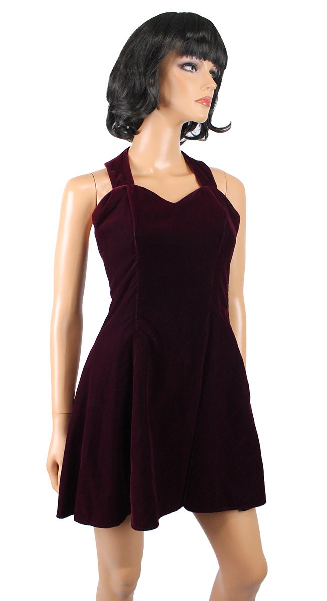 80s 90s Mini Dress Sz S Vintage Burgundy Red Velvet Prom Cocktail Gown Open Back