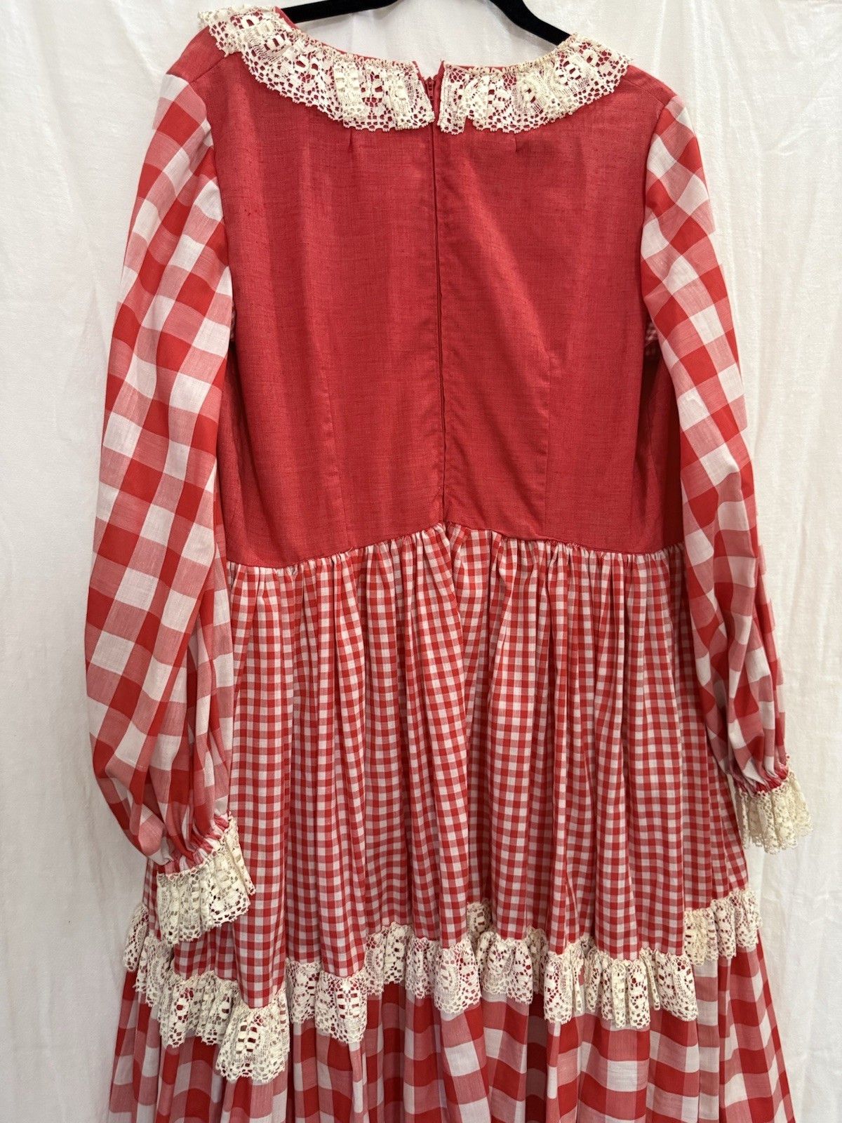 Vtg 70s Handmade Prairie Dress Red Gingham Lace Bib Farmhouse XL Storybook Style