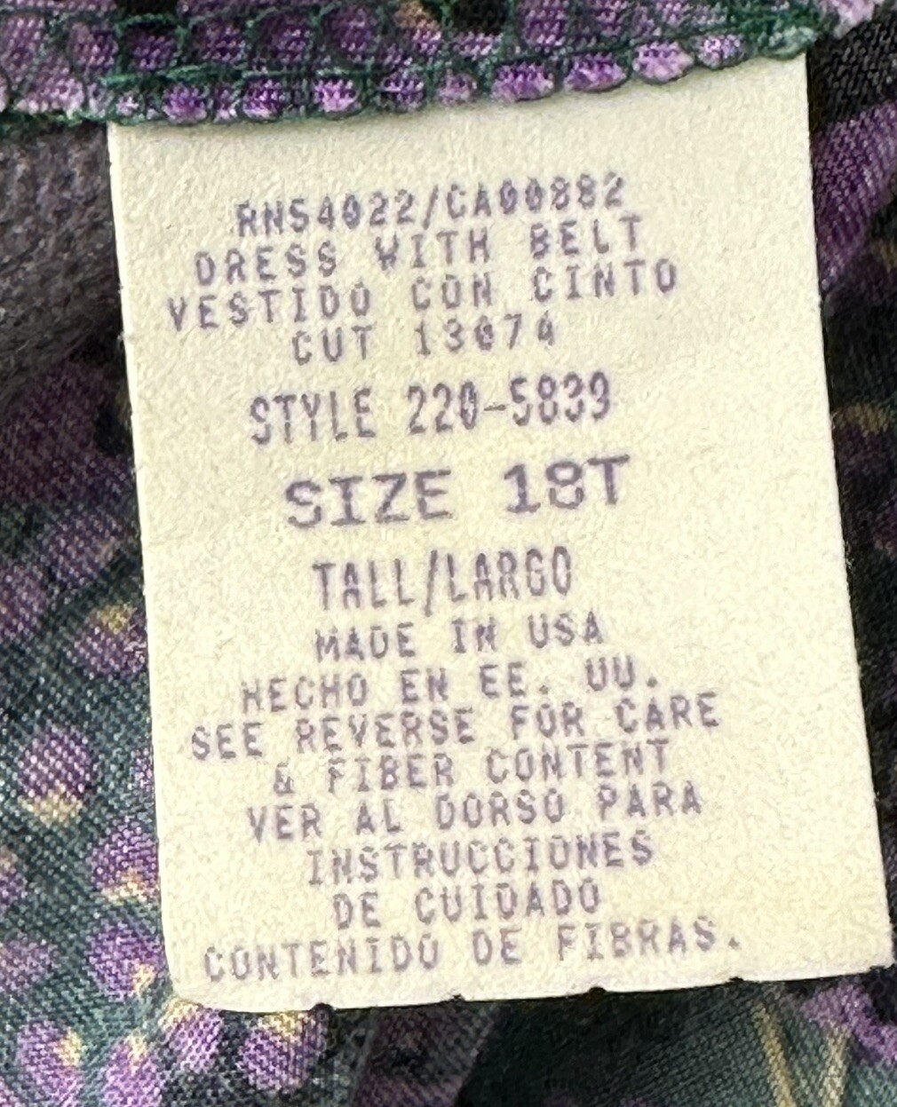 Vintage Terri Ellen Dress Womens 18 Tall Green Purple Rayon Blend – Missing Belt