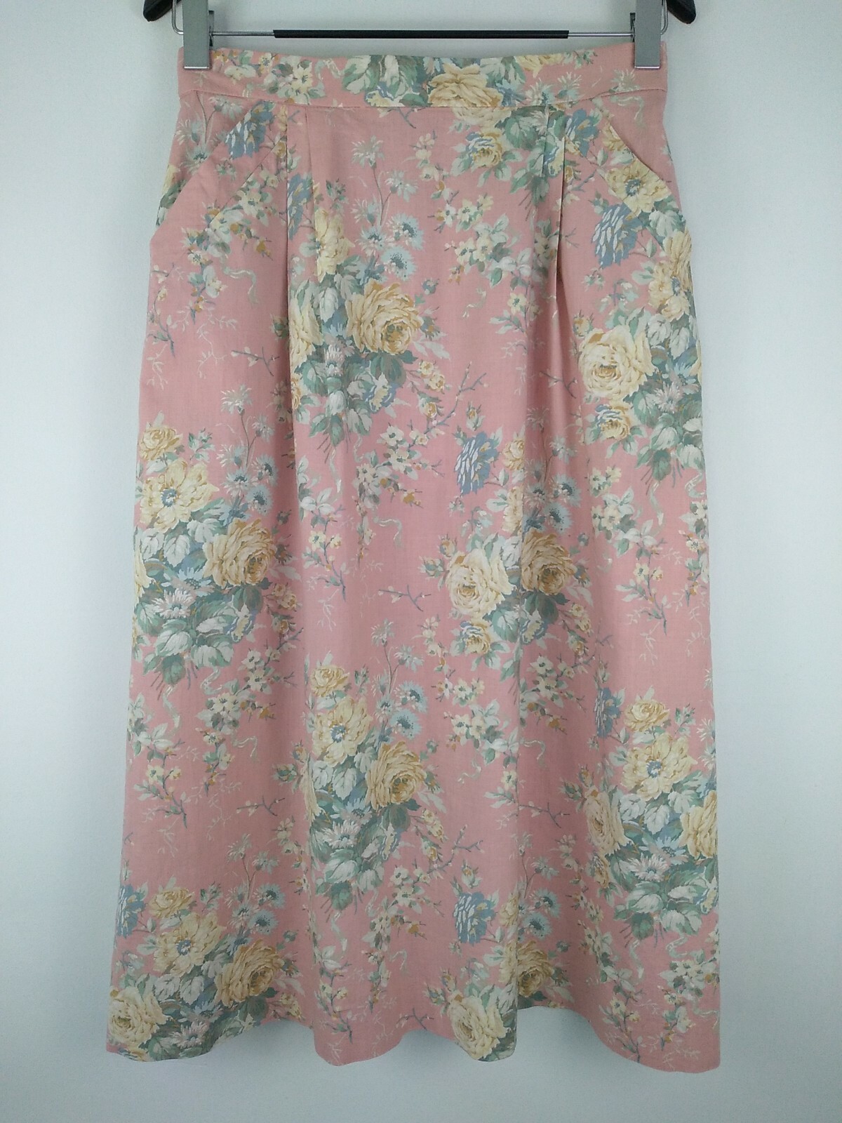 VTG John Meyer Skirt Pink Floral Cottagecore Pockets Elastic Back 29-30″ Waist