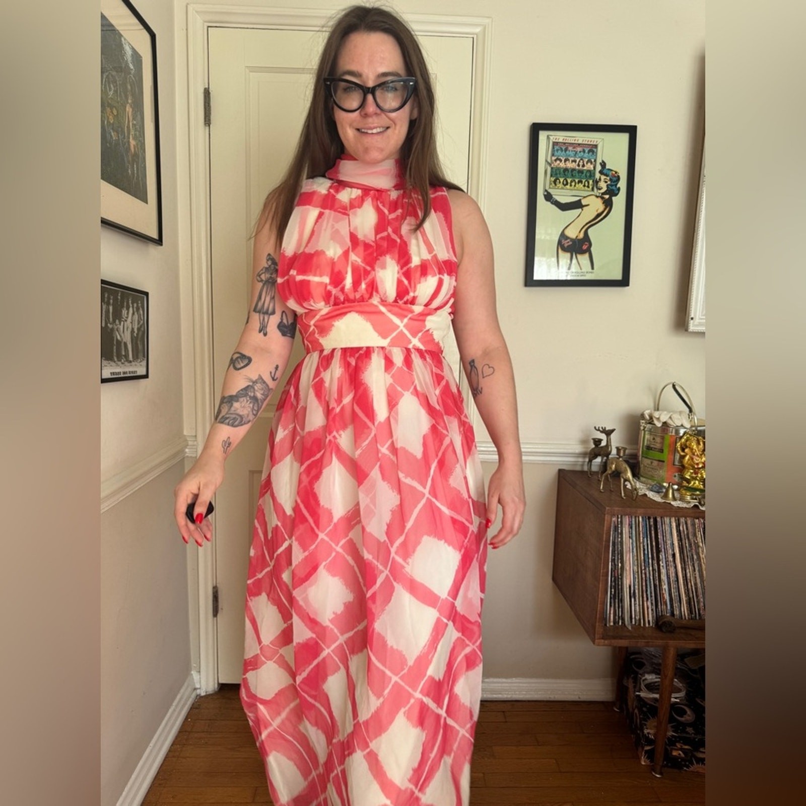 70s Vintage Pink and White Chiffon Gown
