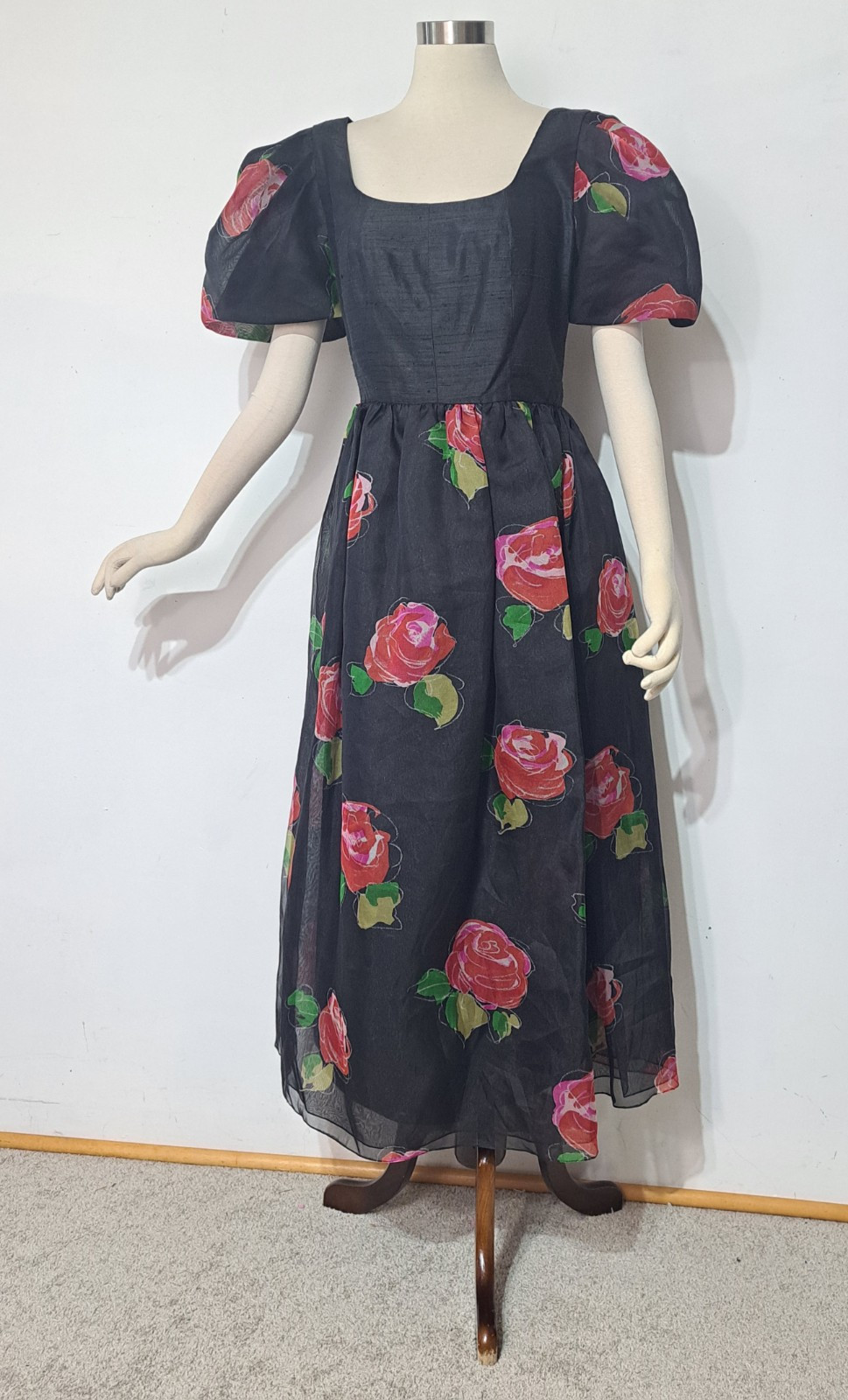 Vintage 1980s Hanae Mori Silk Dress Sz 14 L/XL Floral Roses Cocktail