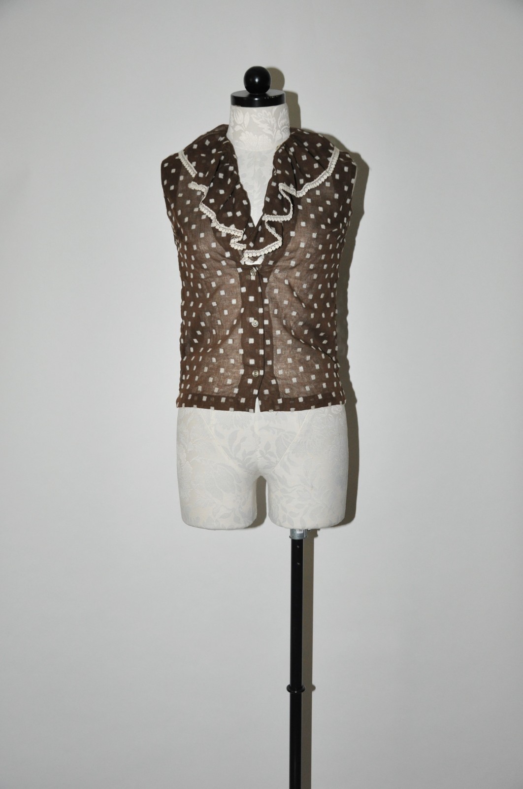 60s Dark Brown Polka Dot Sheer Ruffle Neck Sleeveless Crop Top Blouse Women XXS