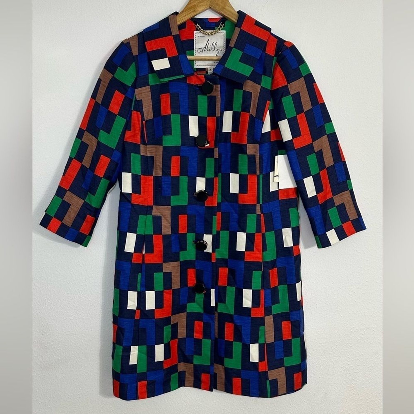 Milly of New York Silk Blend Colorful Block Pattern Trench Coat/Dress Size 4