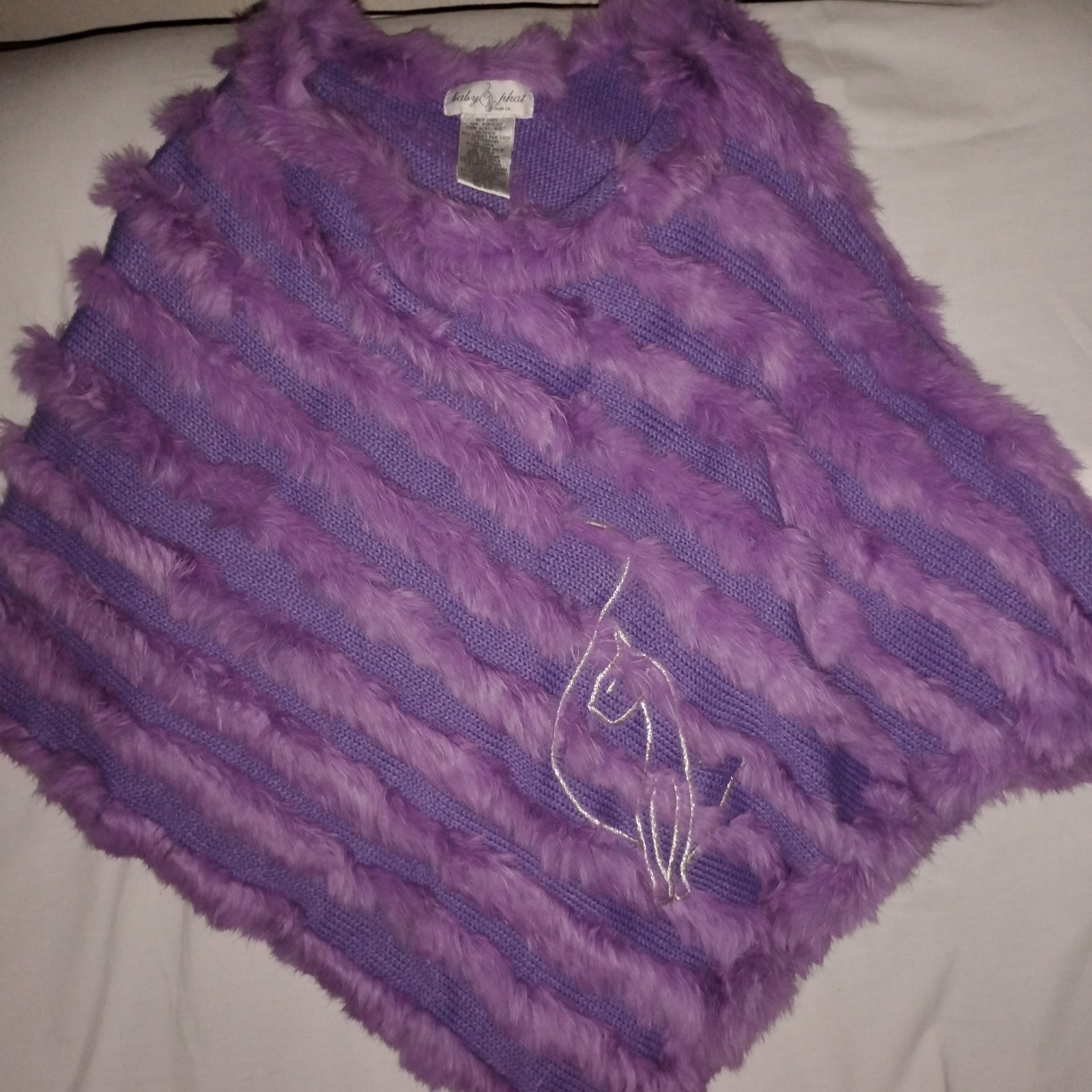 VTG BABY PHAT purple knit poncho pullover genuine Rabbit fur emb cat logo one sz
