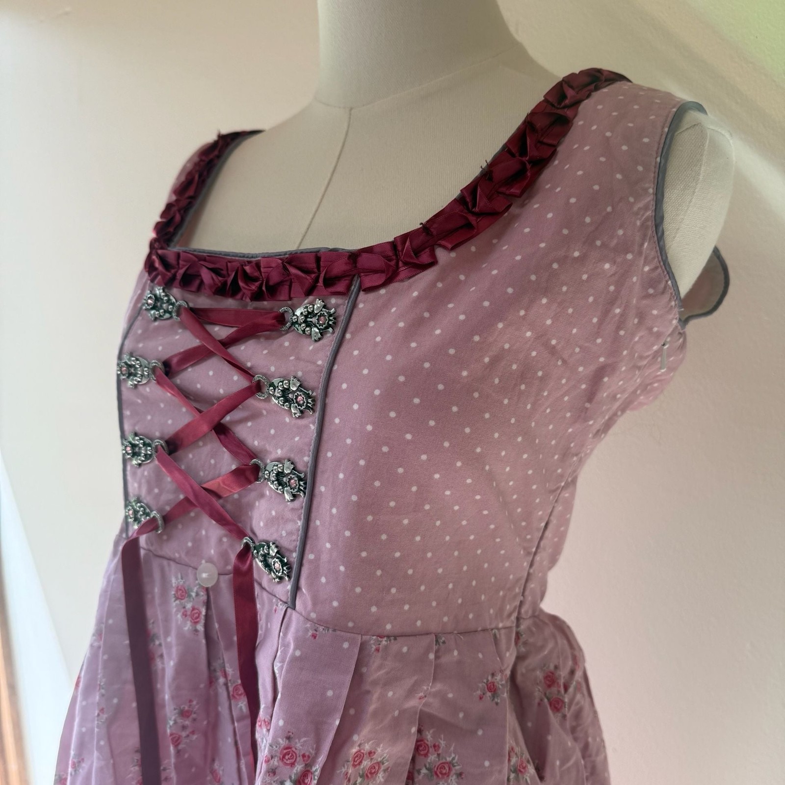 Vintage Pink Floral Polka Dot Traditional Dirndl Dress