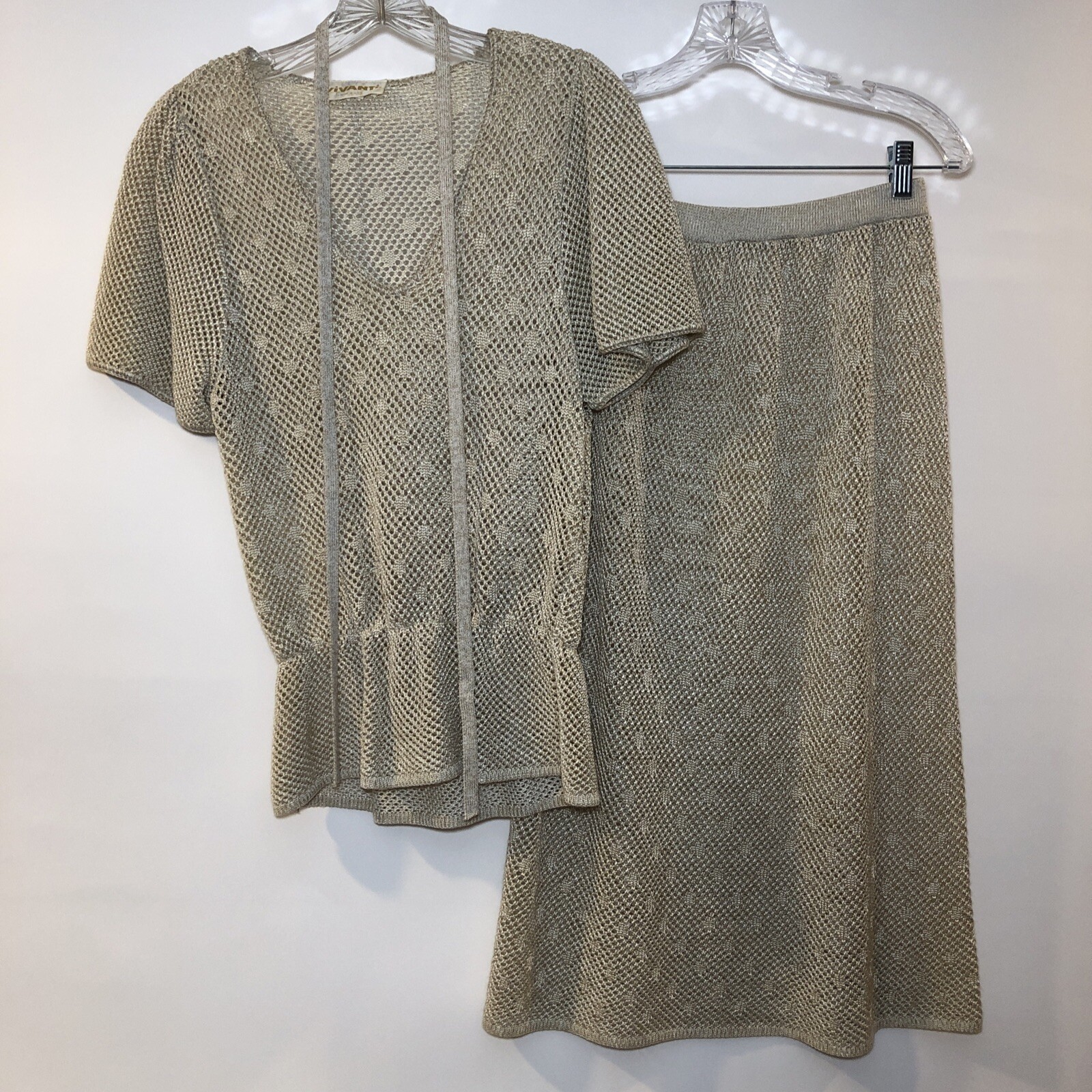 VTG Vivanti Medium Skirt Set Sheer Open Knit Sexy Secretary Peplum Stretch 80s
