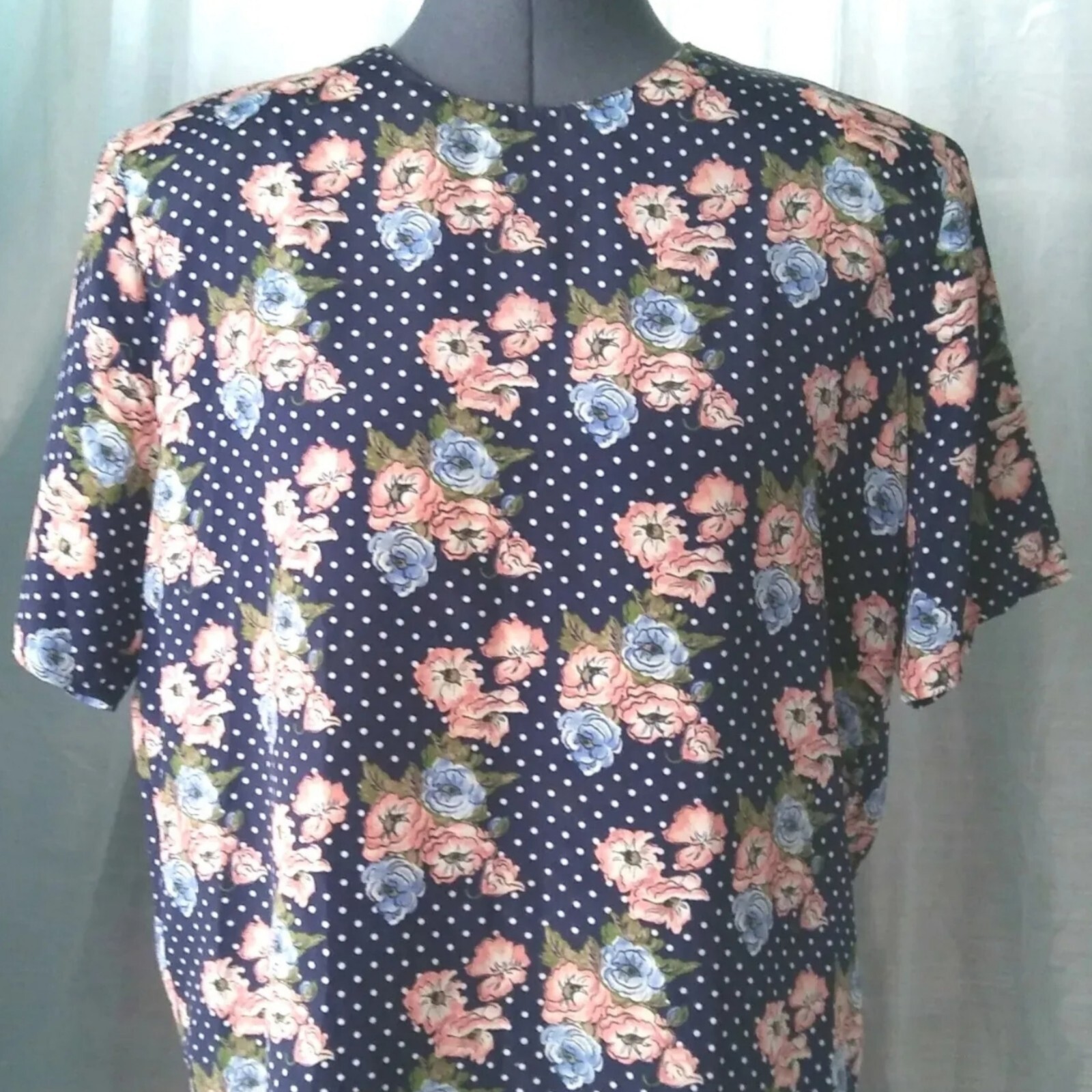 Vintage Gianna Navy Blue Blouse with Polka Dots & Florals Size Medium
