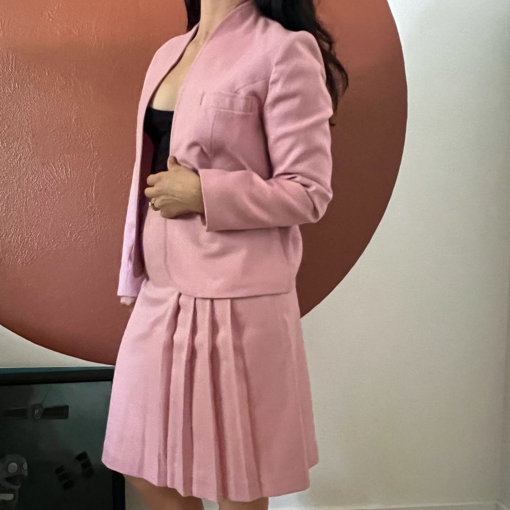 Vintage 1970s Pink Skirt Suit Pleated Blazer Set Small Wool Blend
