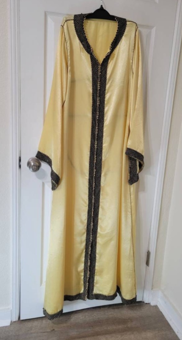 Mid Century Yellow Caftan With Black Fabric Beading Woman’s Robe Vintage Retro