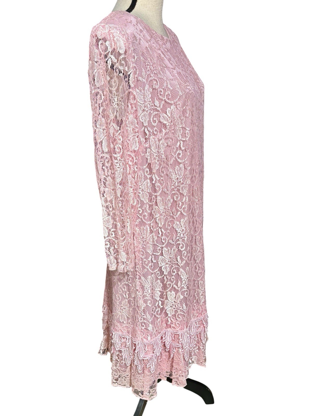 Vintage LADY HELENE Pink Lace Overlay Dress Layered Hem