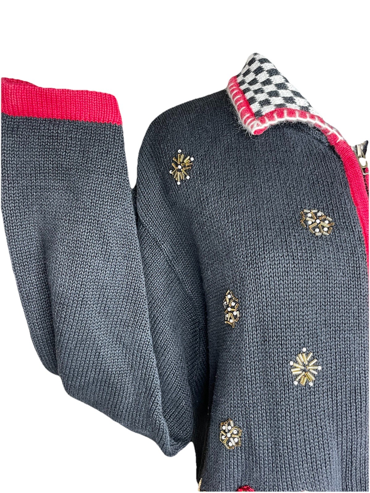 Vintage Christmas Sweater Jacket 1X Santa Embroidered Zip Cardigan Holiday Folk