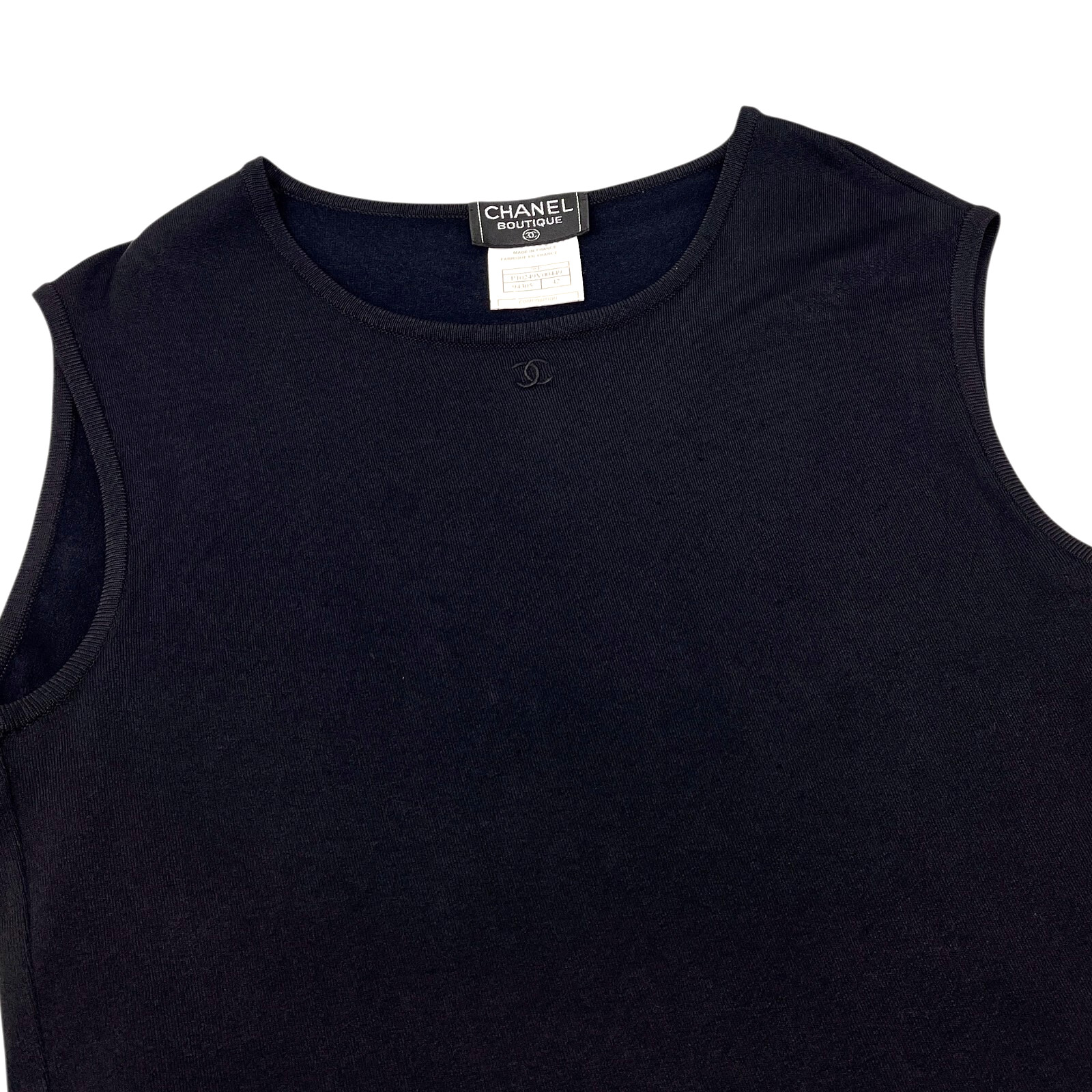 CHANEL Vintage 98P CC Logo Knit Tank Top #42 Round Neck Spandex Black Rayon
