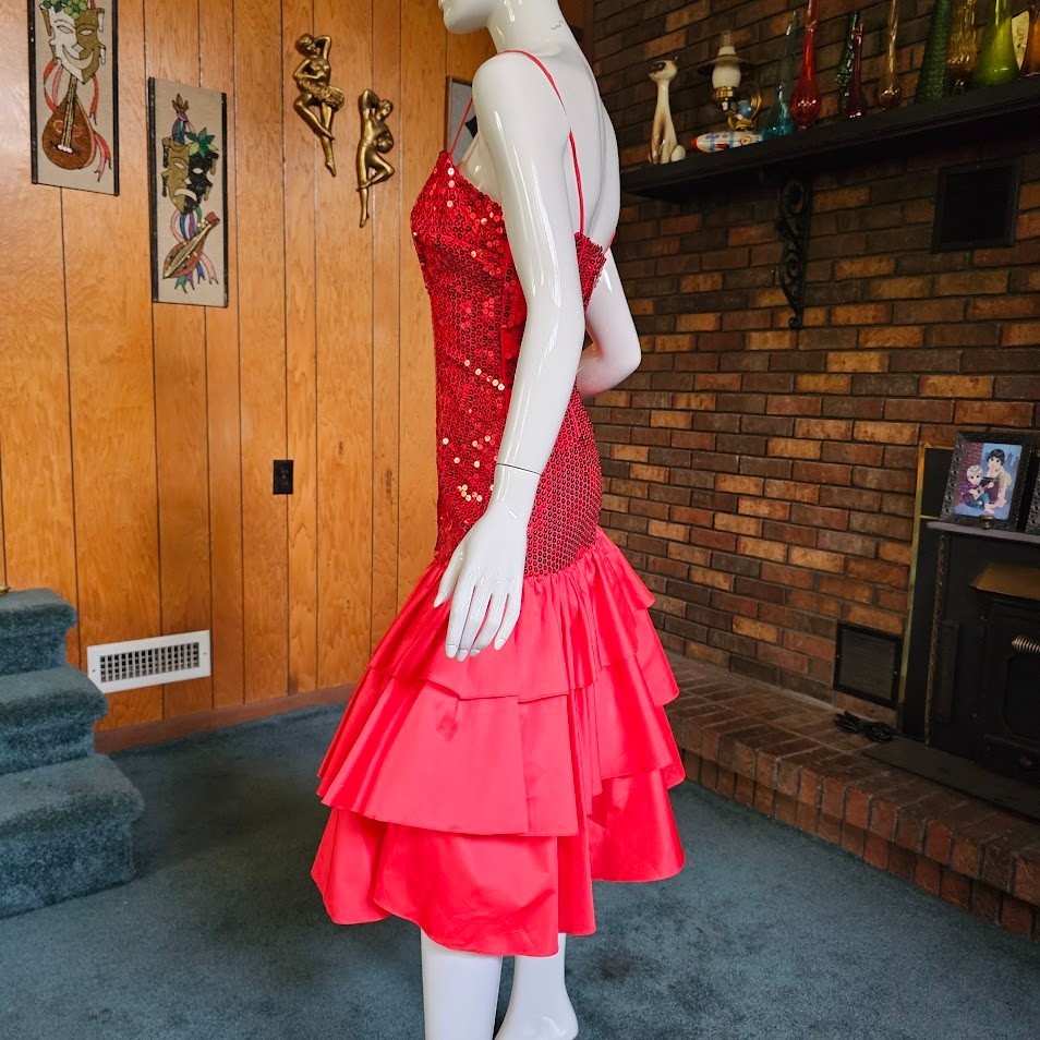 Vtg 80s Alyce New Wave Prom Drop Waist Mermaid Sequin Flamenco Party Dress S/M