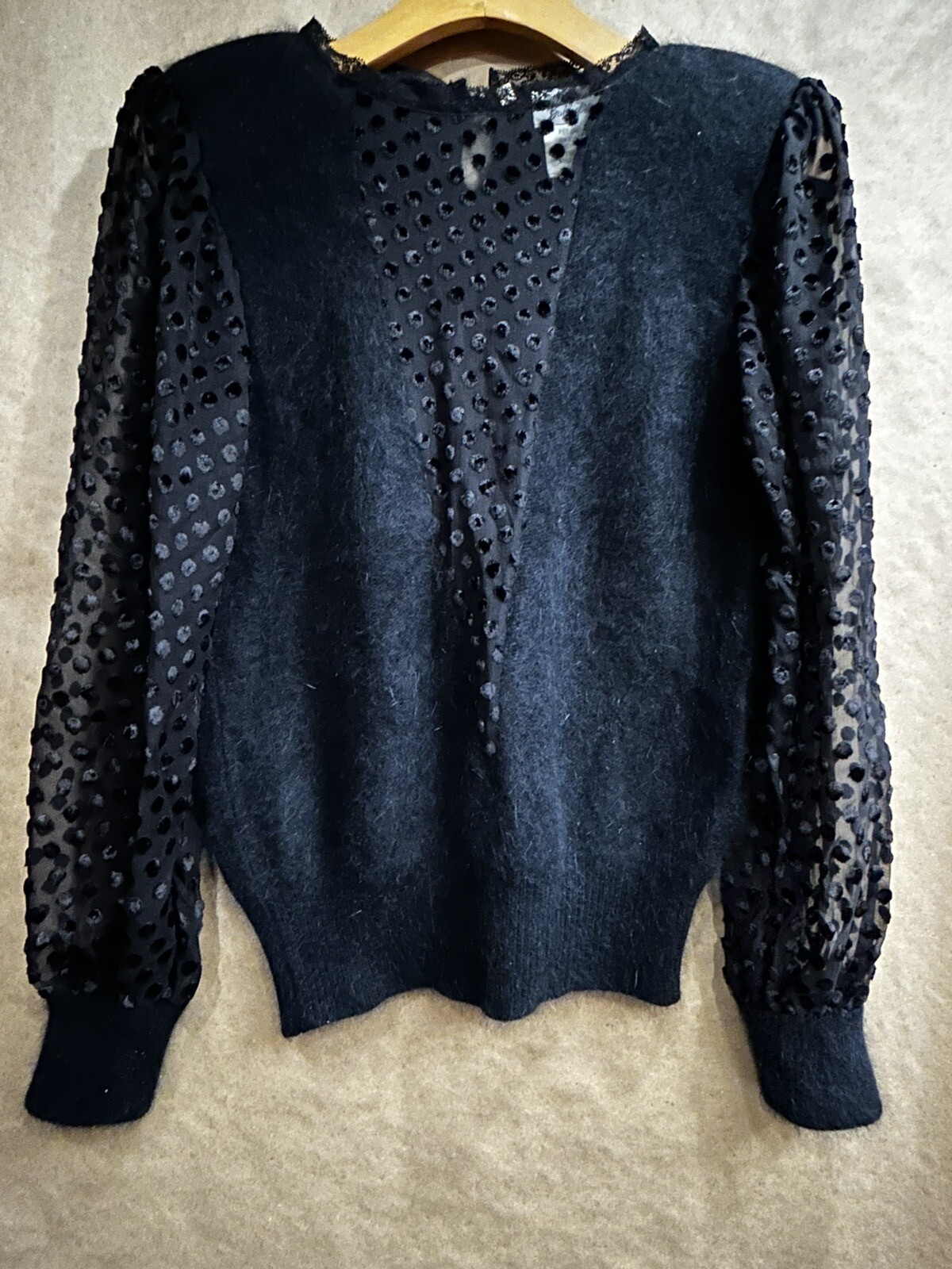 Vintage Black Sweater Size M Italy For Bullock’s Angora/ Wool Polka Dot Sleeves