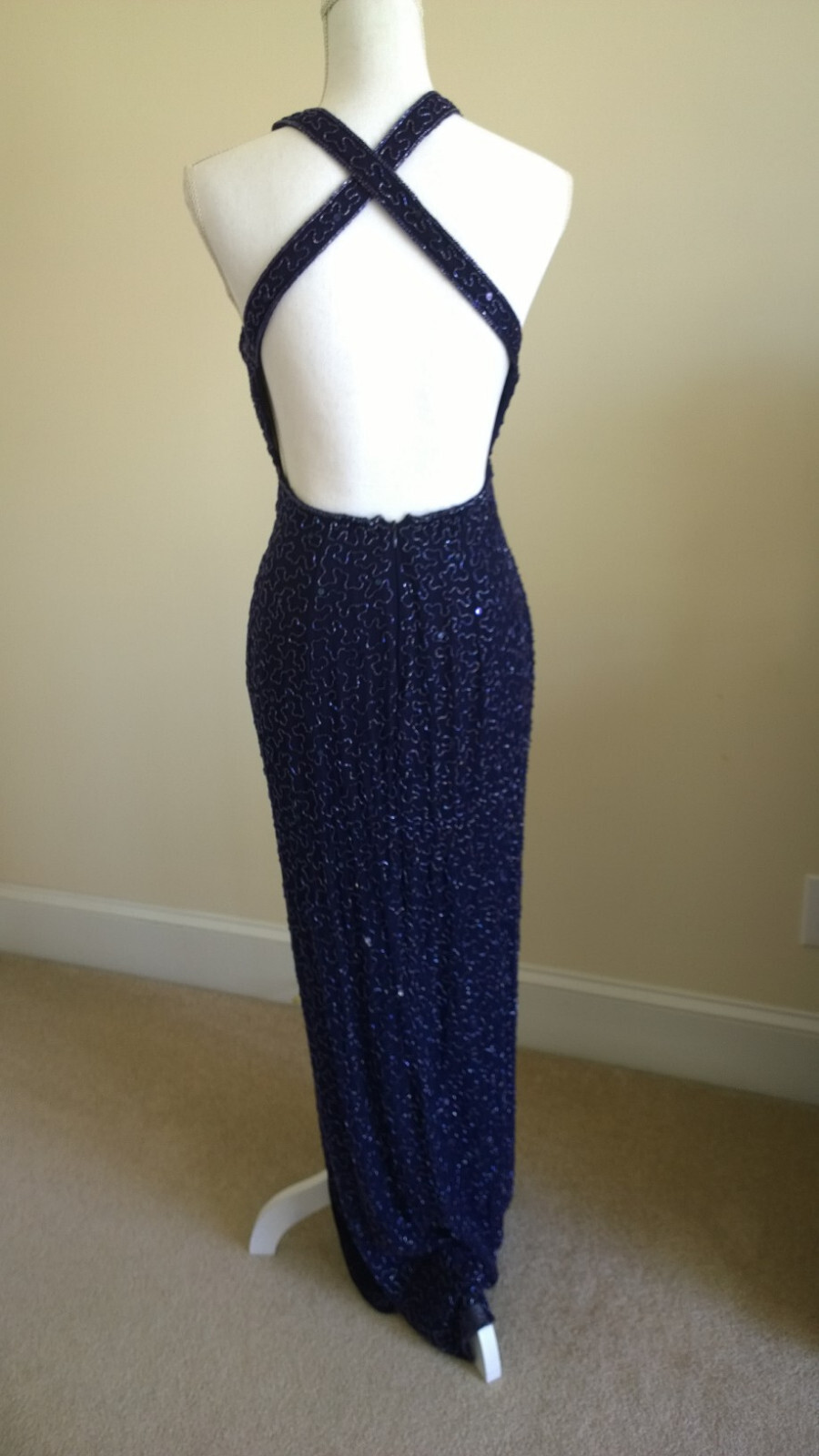 Vtg New Andretta Donatello Silk Beaded Formal Evening Gown Sexy Dark Blue Sz M