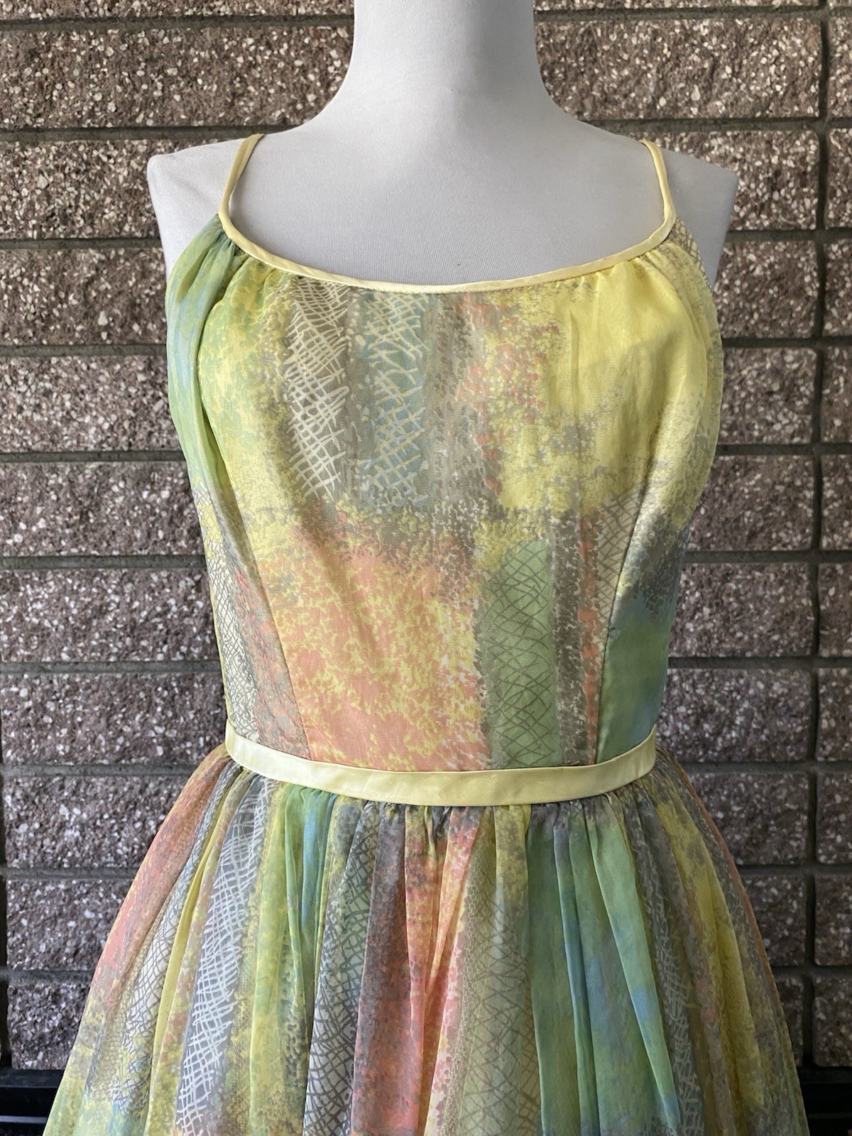 Vintage 1950s Colorful Party Dress Petticoat Fall Spring Watercolor Yellow small